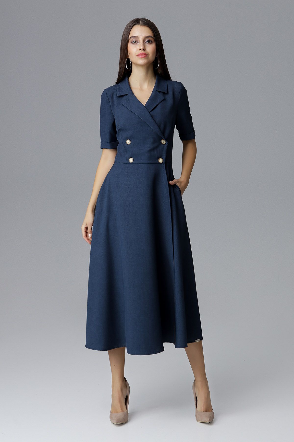 Navy Double-Breasted Midi Dress