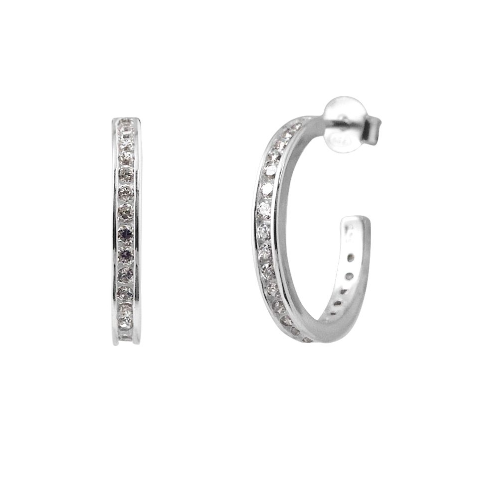 Earrings Half Creoles Entirely set Zyrconium Oxides - Serti Rail - Diameter Hoops 2 mm - Width Hoops 2 mm - Silver 925Rhodium Plated - strollers system - Our jewellery is made in France and will be delivered in a gift box accompanied by a Certificate of Authenticity and International Warranty