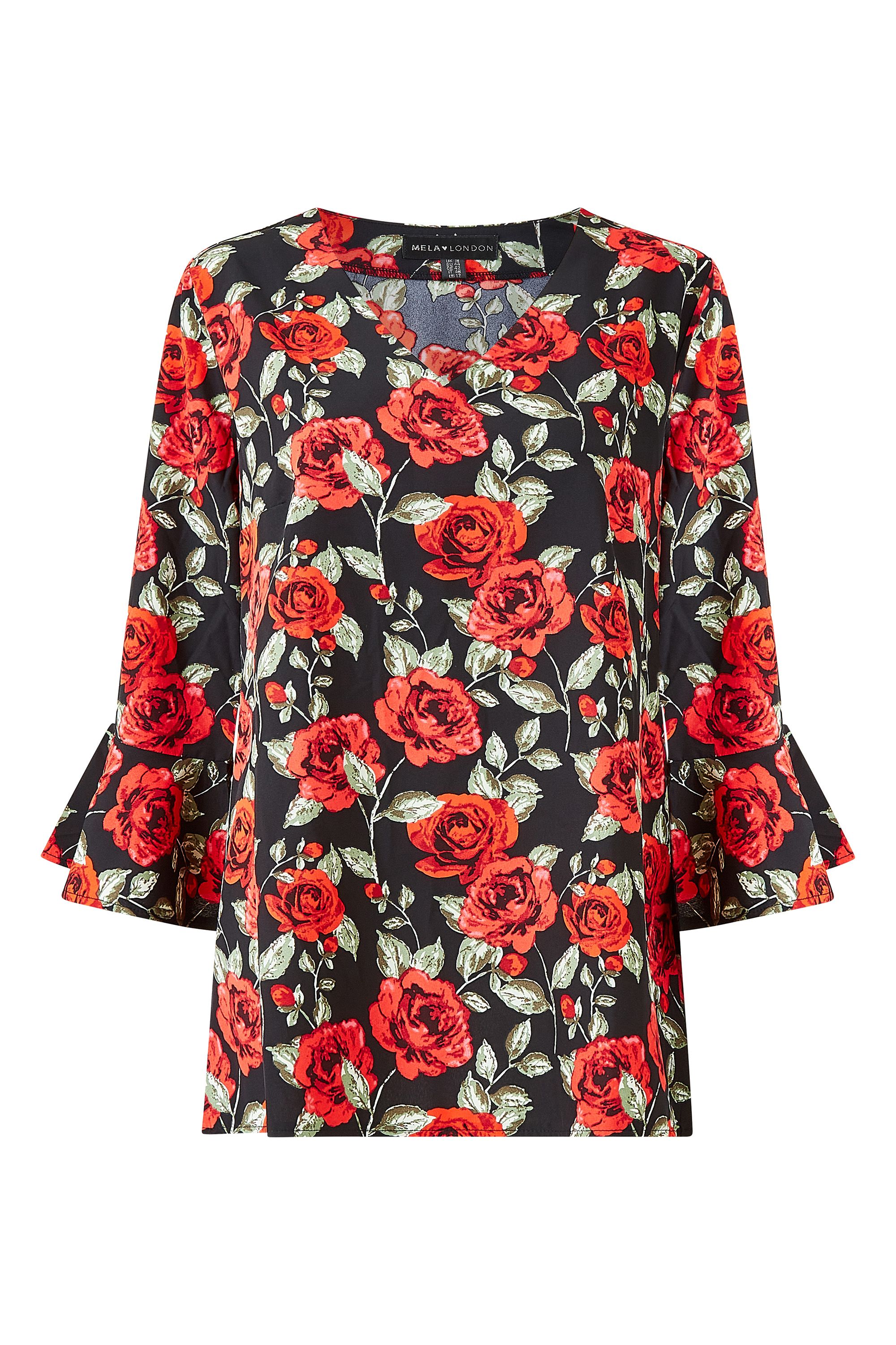 With a bold floral print, this Mela Plus Size Rose Top is designed with a classic relaxed shape. Its lightweight fabric with a floaty feel offers comfort and style, whilst the fluted sleeves and V-neckline lend chic detailing to your off-duty look. Fancy dressing it up? Pair with a faux-leather skirt and heels.