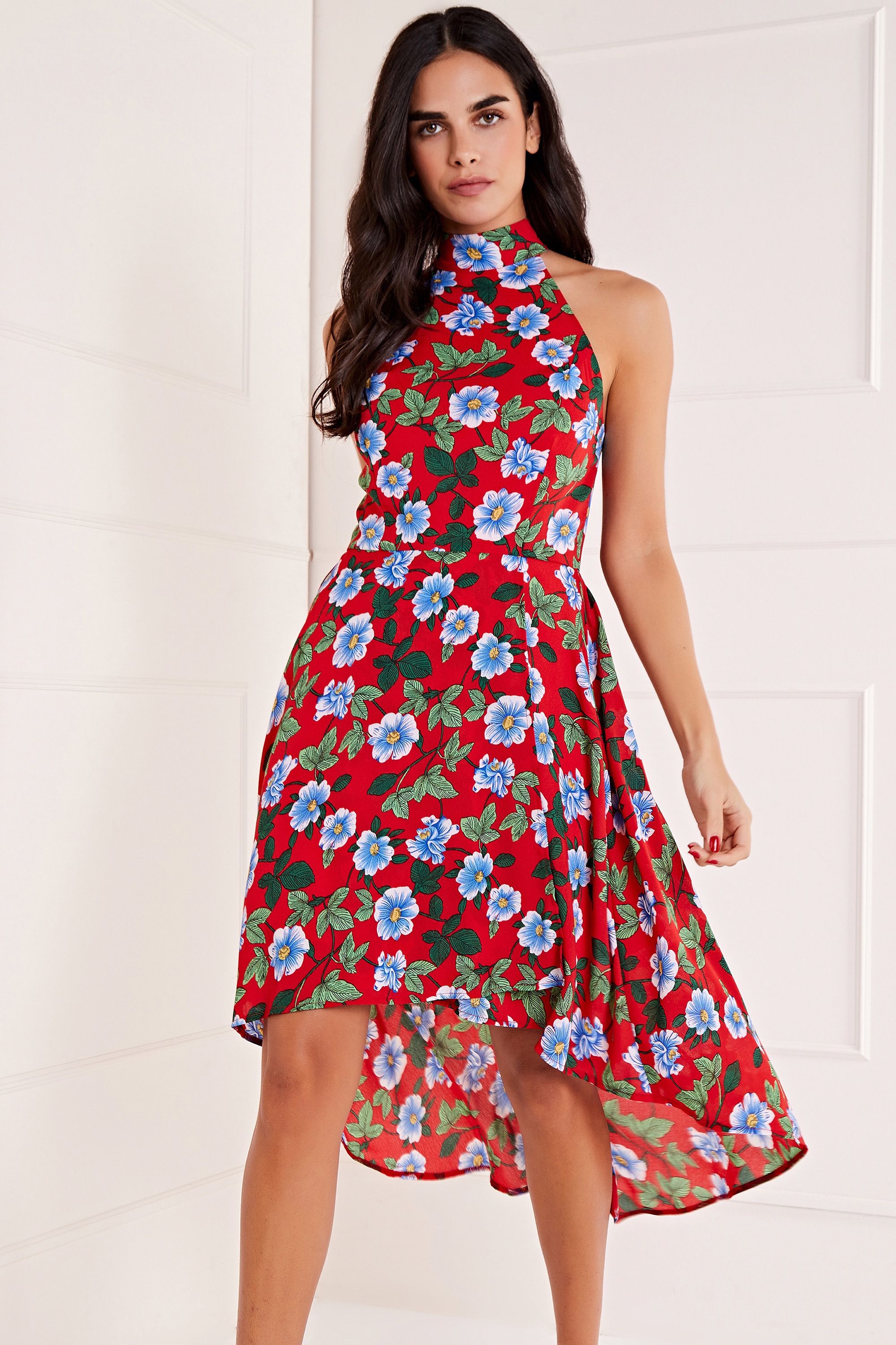 Mela London Floral High Neck High Low Dress