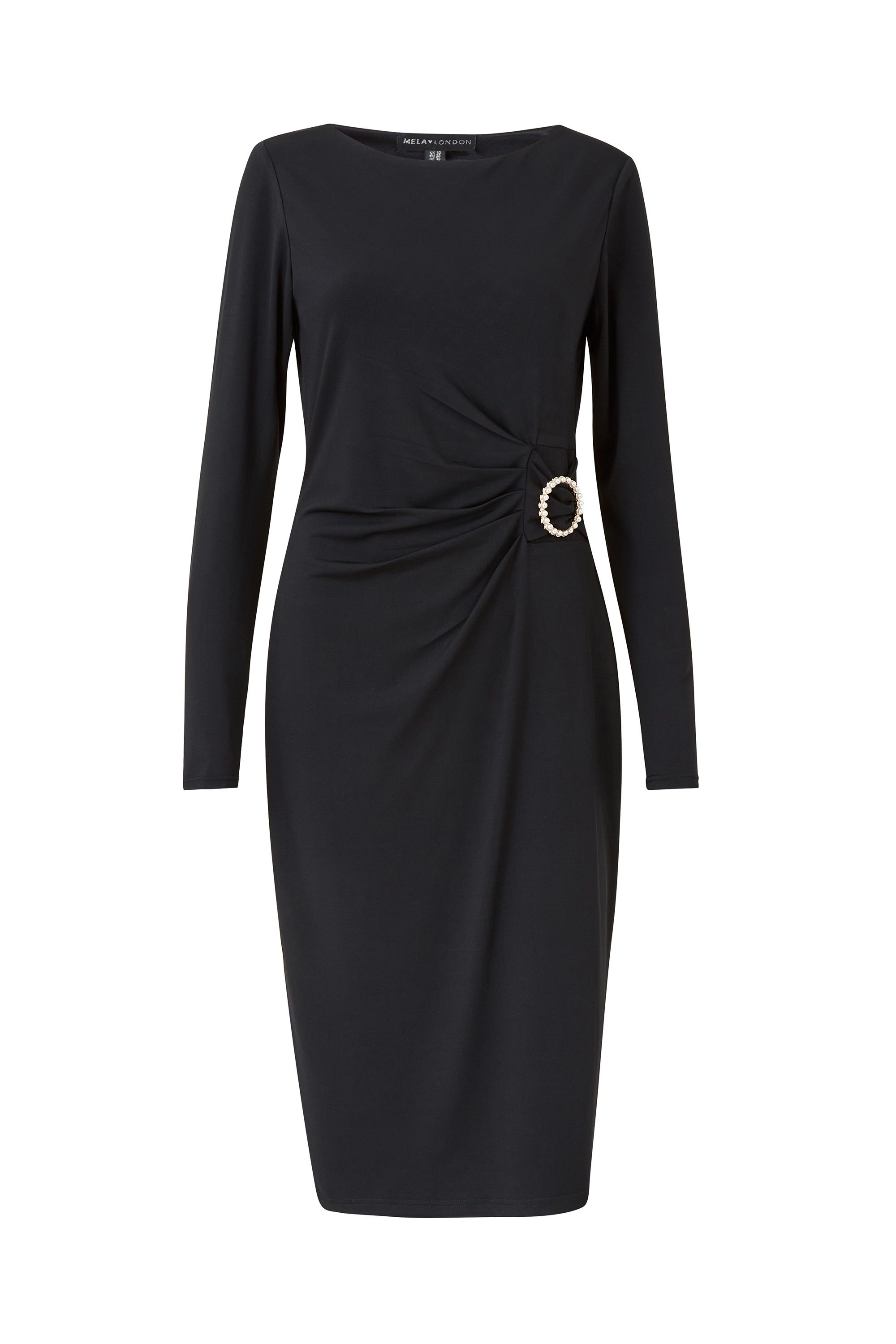 Achieve total elegance when you wear our Mela Buckle Bodycon Dress. In a form-fitting shape that sits below the knee, it's crafted from soft-touch fabric to keep you comfortable all night long. The ruched waistline is enhanced by a faux-pearl buckle, whilst the long sleeves and a high neckline balance your profile. When styling, consider heels and a clutch bag.