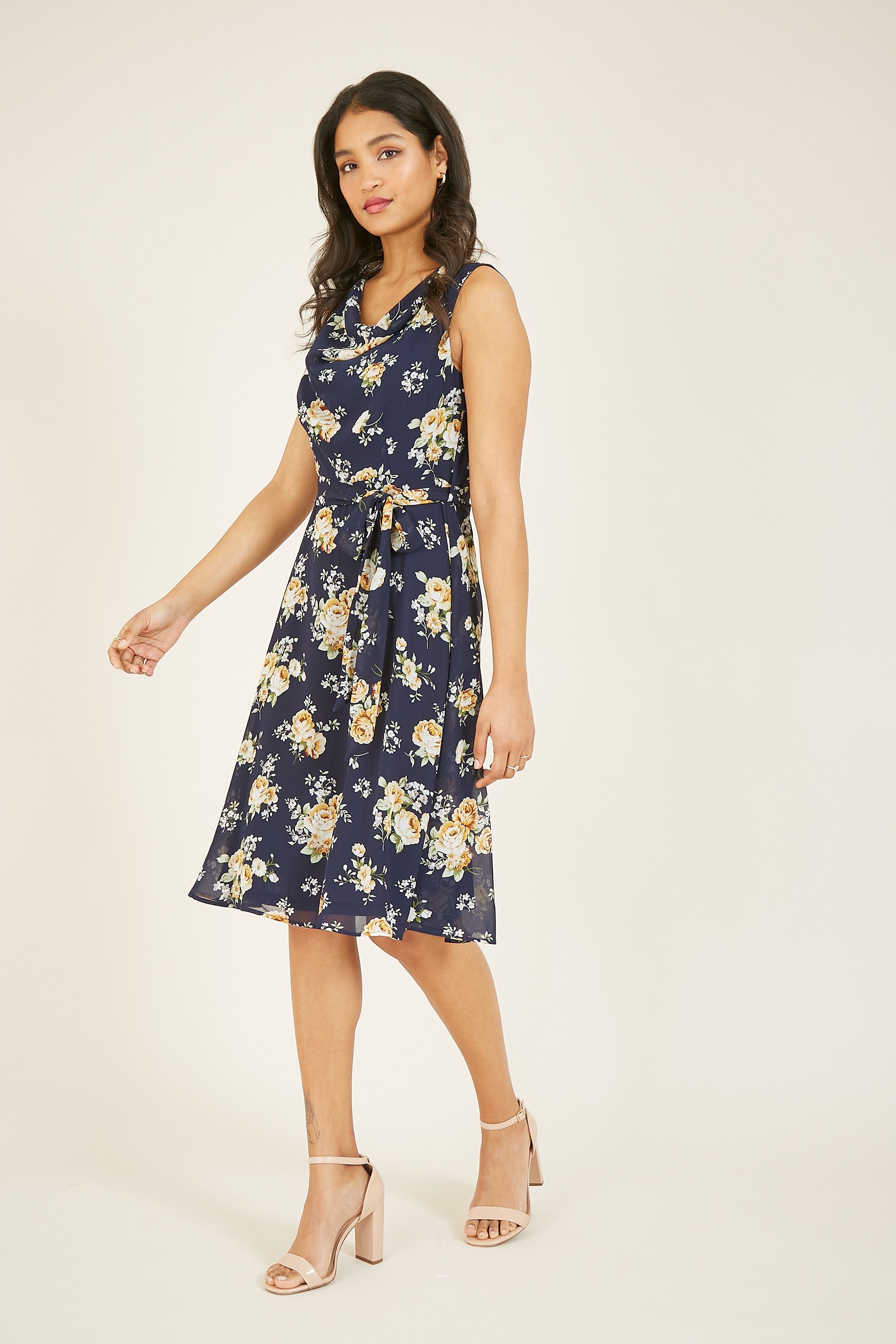 Mela Rose Printed Cowl Neck Midi Dress