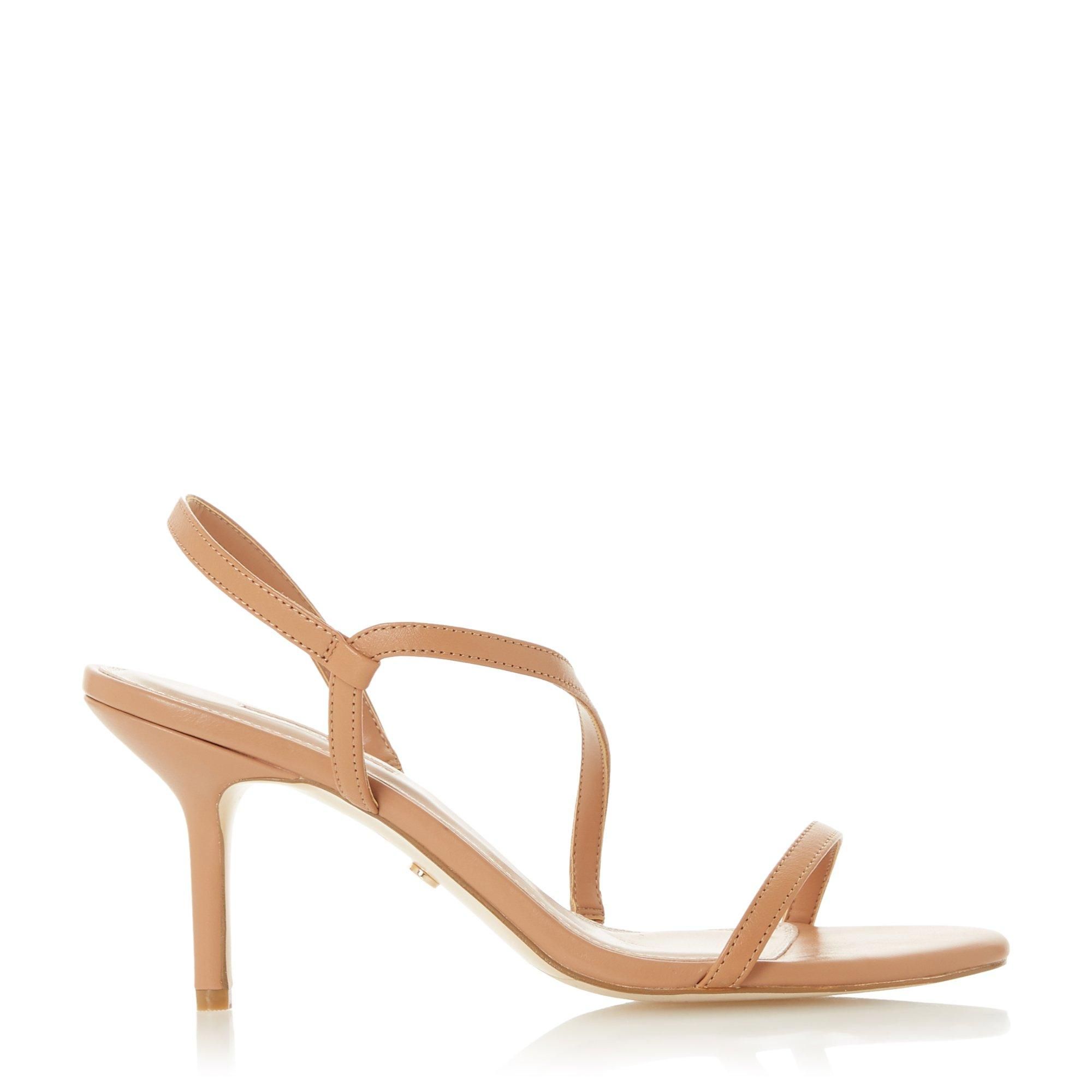 This sandal by Dune London is a simple yet stylish evening option. Showcasing a feminine asymmetric strap with a slingback design. It features an open sandal toe and rests on a mid stiletto heel.
