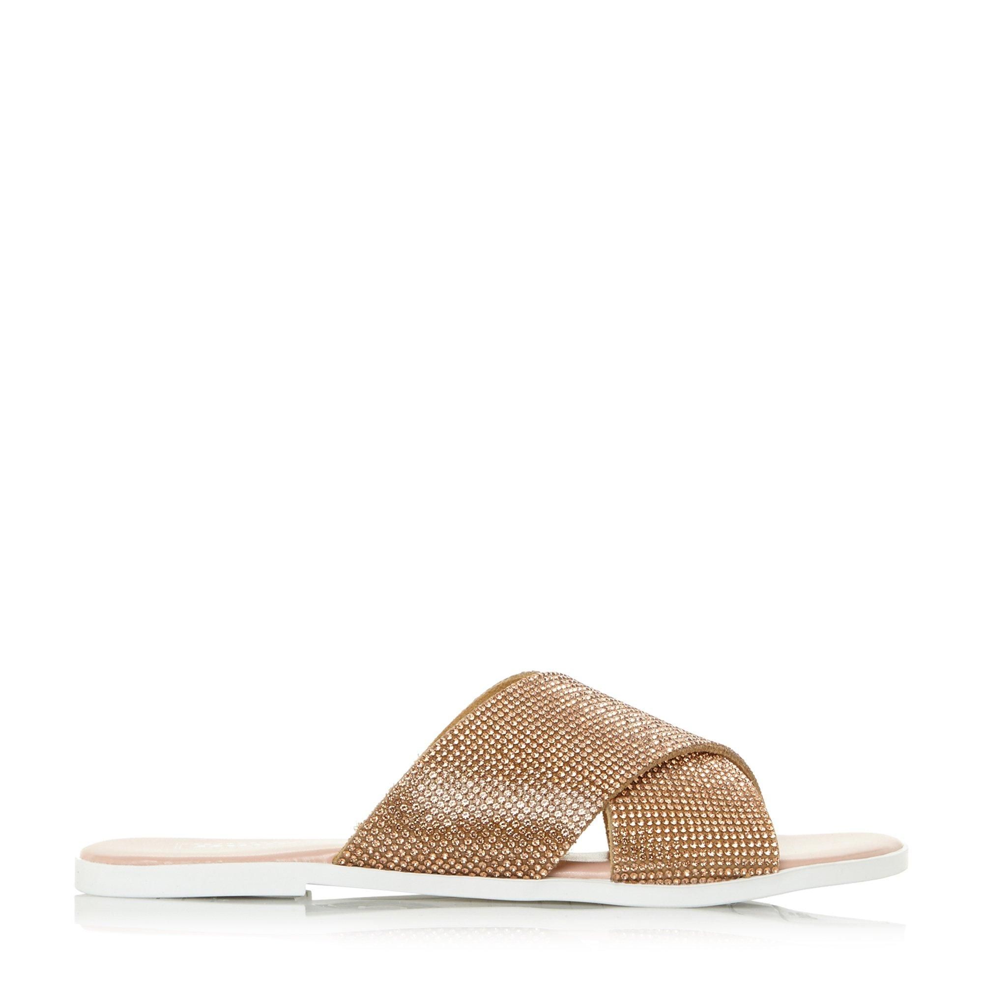 Exude poolside chic with the Dune London Nevadaa diamante sandal. This chic sandal features chunky diamante cross straps. Finished with a low sole and mini block heel.