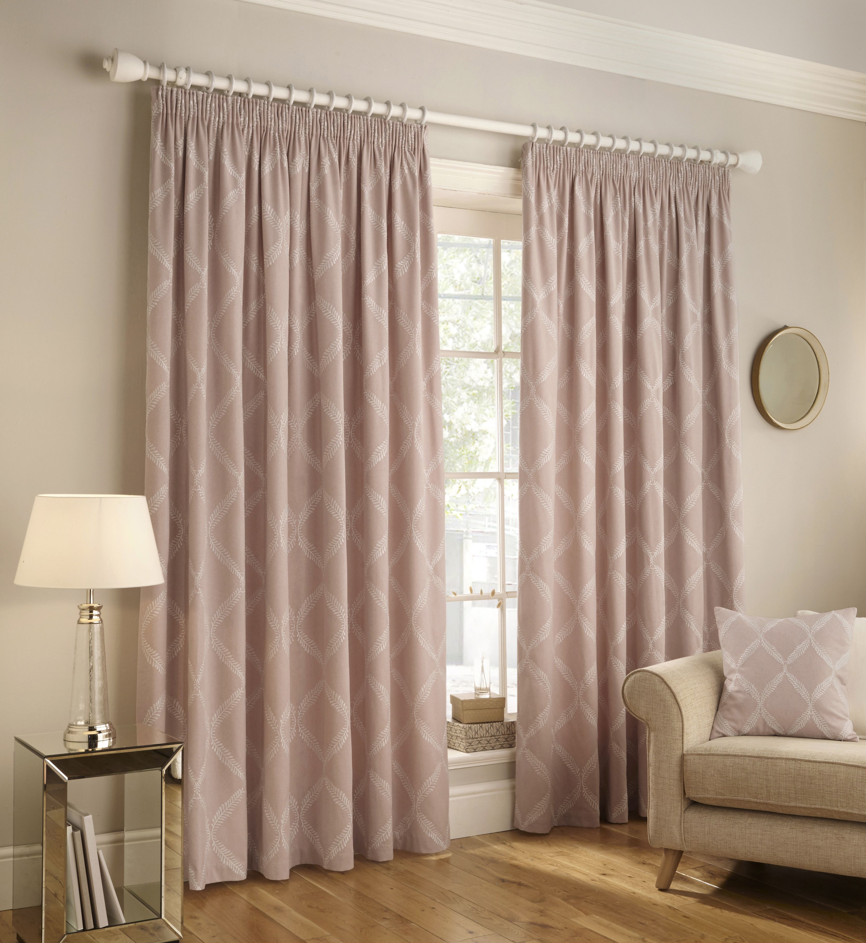 Olivia Embroidered Pencil Pleat Curtains in Blush