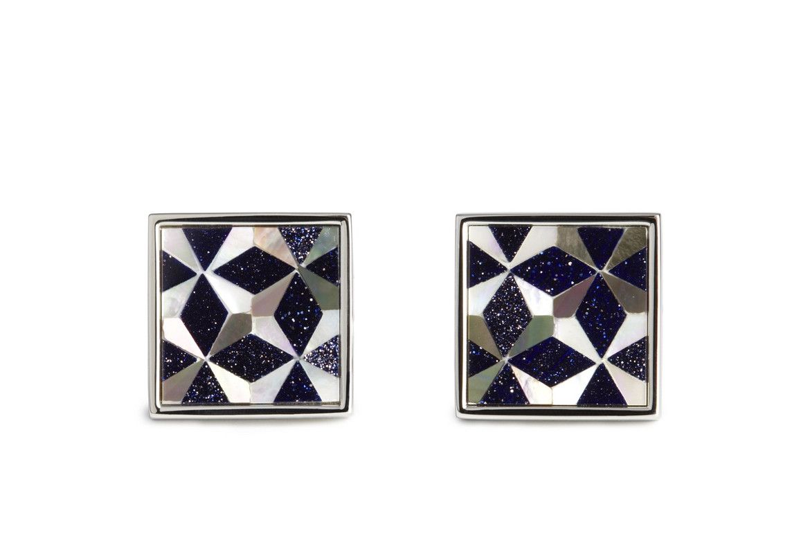 Pieces of Blue Goldstone, white and grey Mother of Pearl create an optical design in these cufflinks.