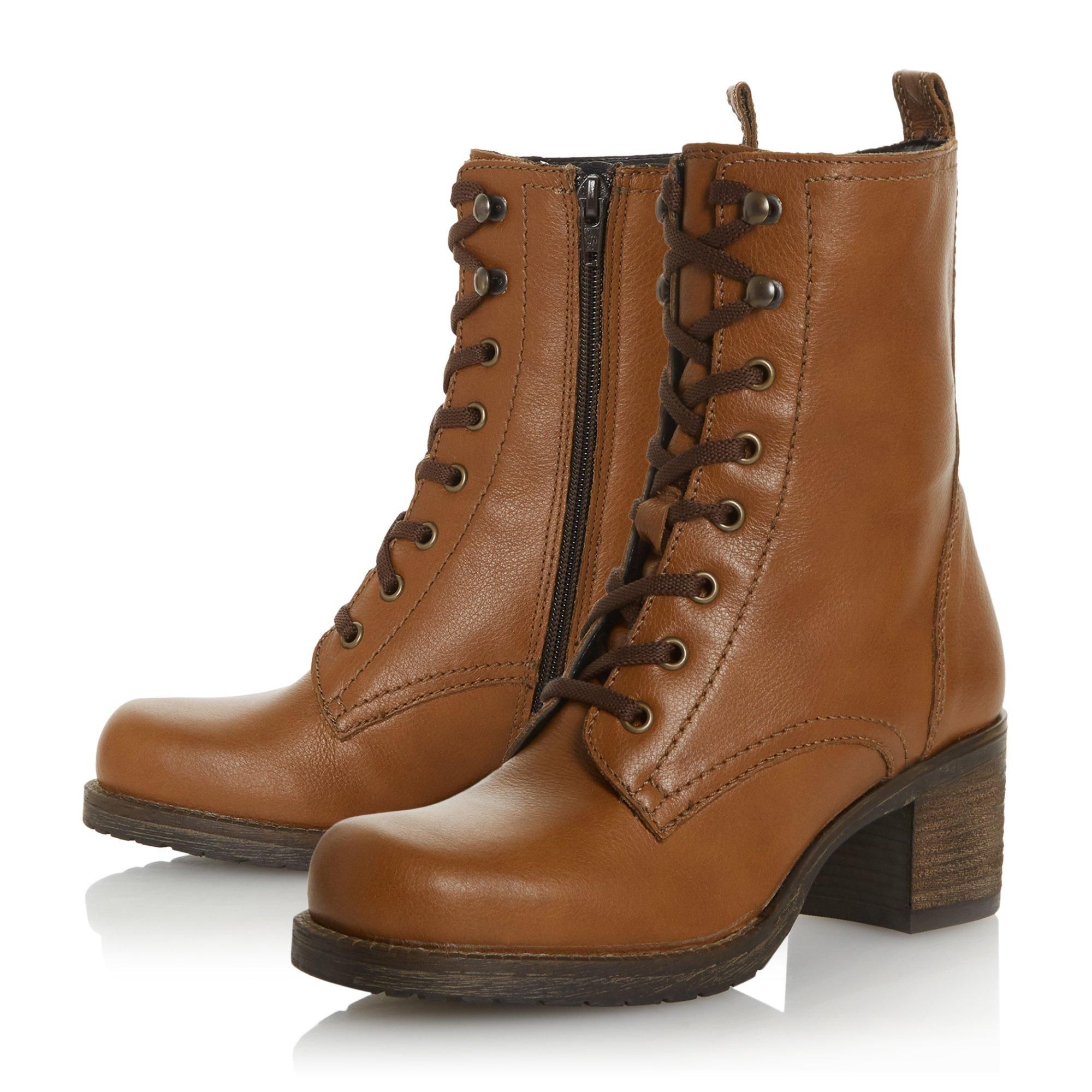 Invest in some classic biker style with the Pearse T boot from Dune. Showcasing a comfortable rounded toe and mid block heel. It's fastened up in a lace up design and secured with a zip.