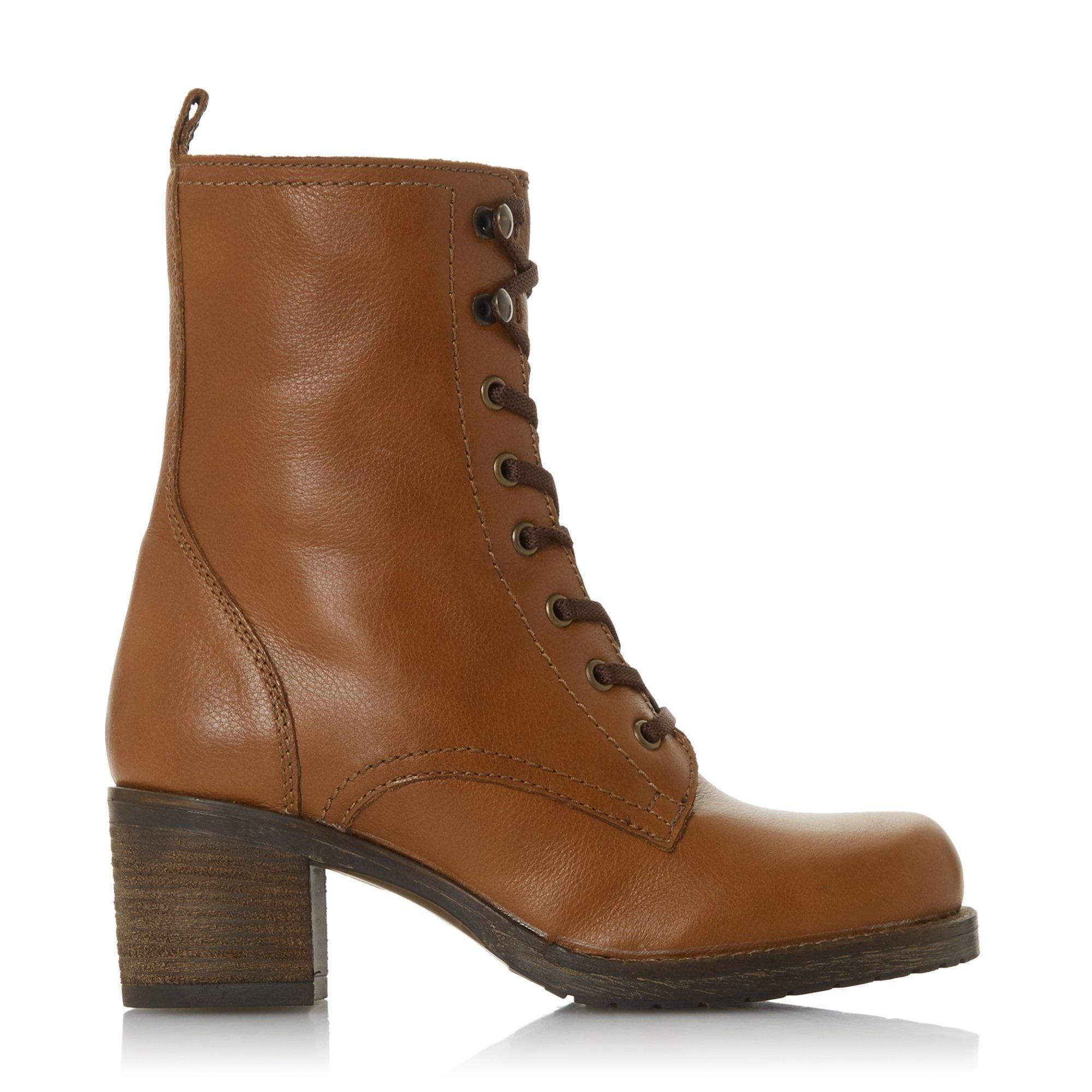 Invest in some classic biker style with the Pearse T boot from Dune. Showcasing a comfortable rounded toe and mid block heel. It's fastened up in a lace up design and secured with a zip.