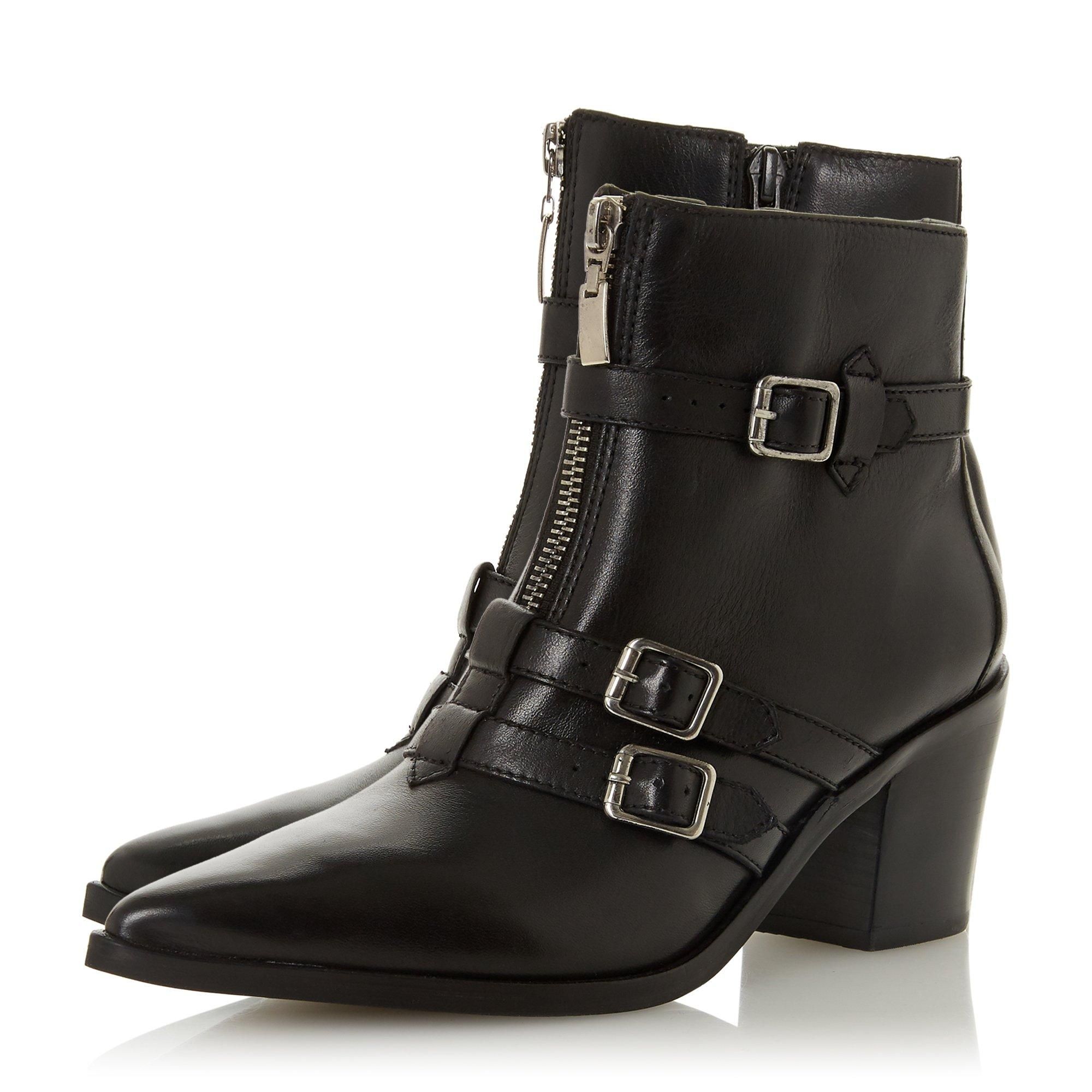 Opt for a contemporary style with the Princely ankle boot from Dune. It features a front zip fastening and a sleek pointed toe. Complete with a gold-tone triple buckle strap.