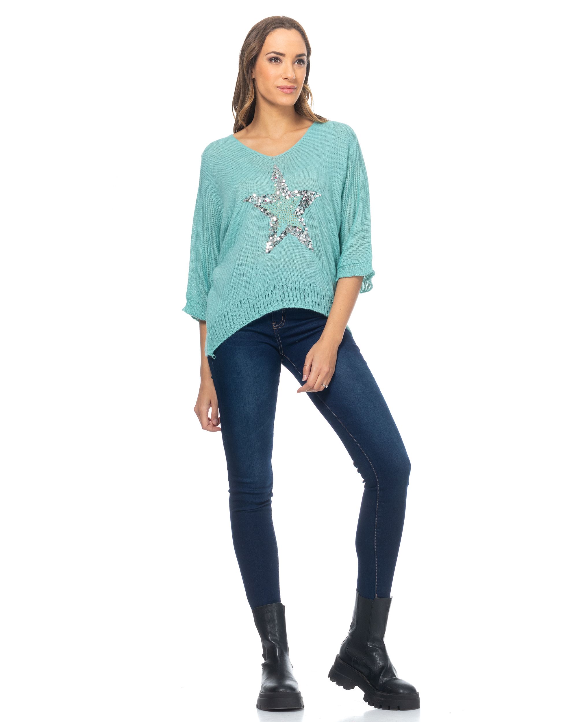 Knit sweater  with rhinestone star and french sleeves