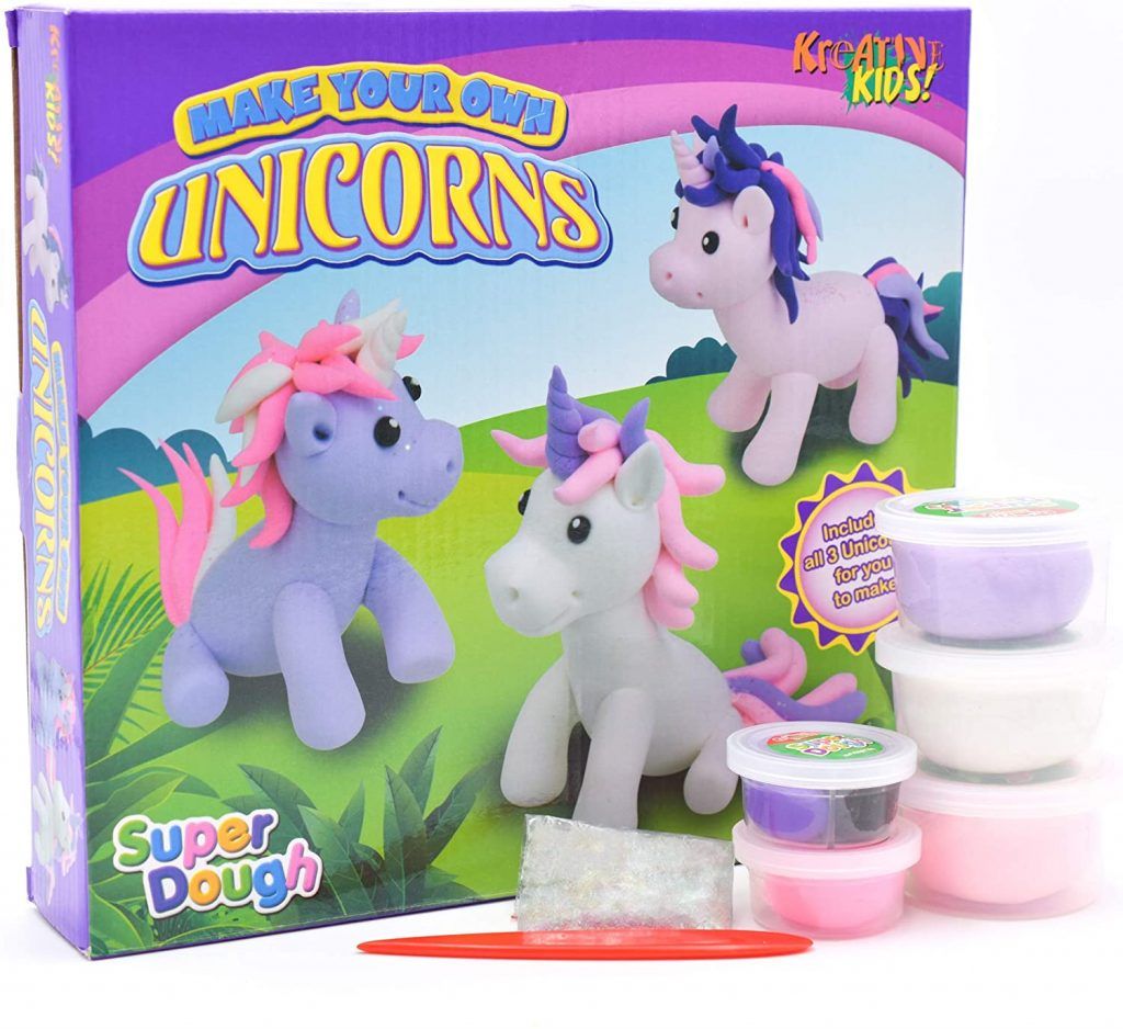 Make Your Own Dough Unicorn Children's Craft Kit.  A wonderful craft box set filled with everything you need to make 3 super dough Unicorns.  This fantastic set is great for all creative kids to spend hours of entertaining time creating amazing unicorns.  There's no need for extra tools, glue or scissors, all you need is inside the box! The Super Dough is easy to squash, roll, mould and shape, with a soft, squishy texture, ideal for getting little hands involved!  There's no need to 'warm up' or soften the modelling clay before use. Super Dough is ready to go, right out of the tub!  The Super Dough included comes in a range of awesome 'unicorn' style colours, including white, pastel and bright pink, pastel and bright purple, and just a little bit of black for the eyes and the colours won't stain little fingers!  Age Recommendation: 3 Years and above.  

Kit Contains:

    1 Crafting Tool
    2g Glitter
    1 Instruction Manual
    3 x 28g Tubs Super Dough
    2 x 8g Tubs Super Dough