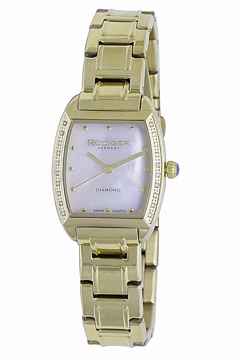 Precise quartz movement. Gold IP coated stainless steel tonneau-shaped case, diameter 26 x 33 mm, thickness 7 mm. Mother of pearl dial. Stationary stainless steel bezel, 20 diamonds on bezel. Mineral crystal. Gold IP coated stainless steel bracelet with deployment clasp, width 14 mm. Water resistant to 99 feet.