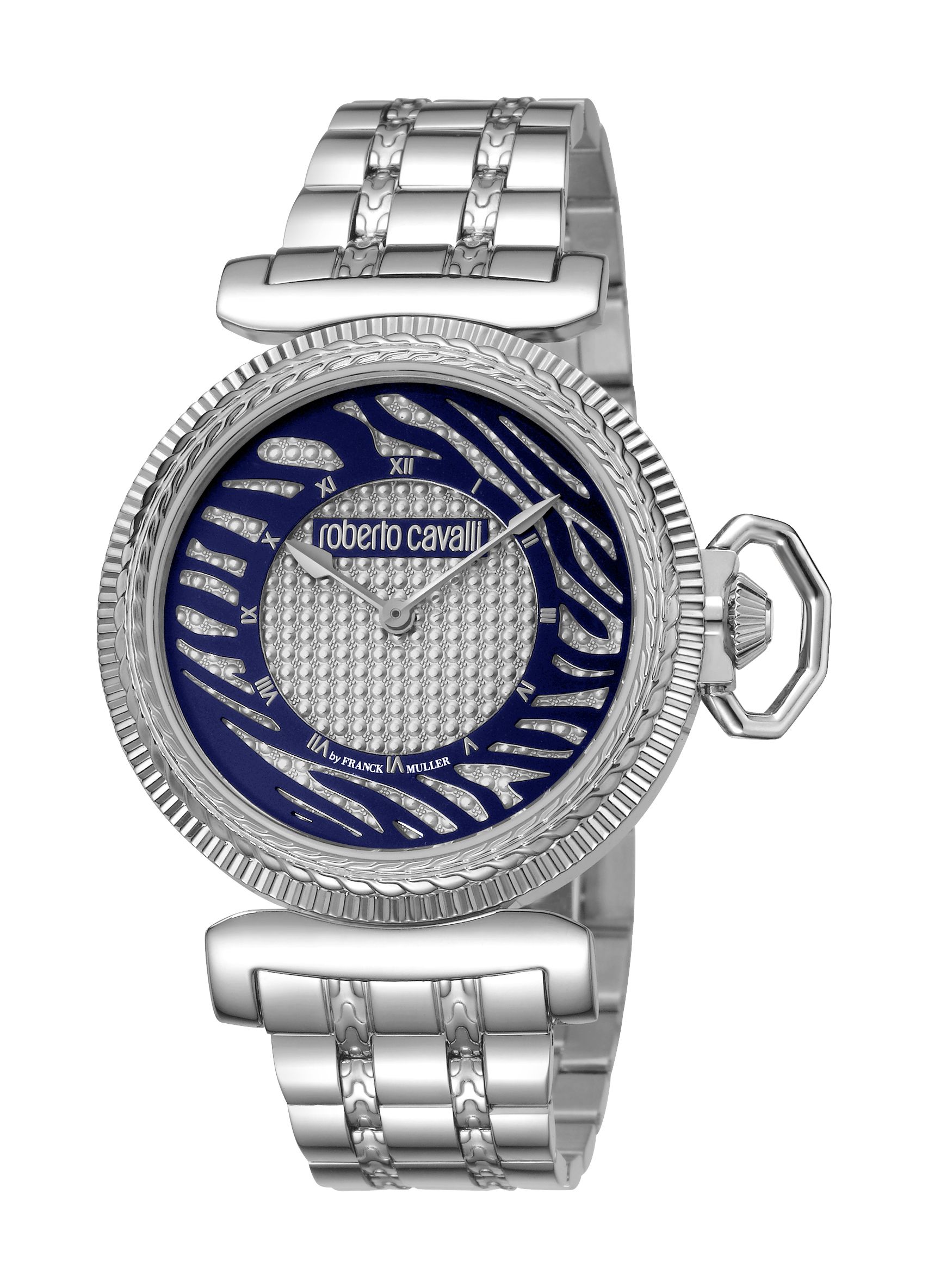 Roberto Cavalli by Franck Muller bracelet watch. 38mm round stainless steel case and hardware. Five-link bracelet strap with deployant closure. Fluted trim details outer bezel and case back. Chain motif details links and inner bezel. Dotted dial with zebra cutouts in blue. Logo text and Roman numeral indices. Two-hand Ronda 762 movement. Antireflective sapphire crystal. Water resistant to 5 ATM.