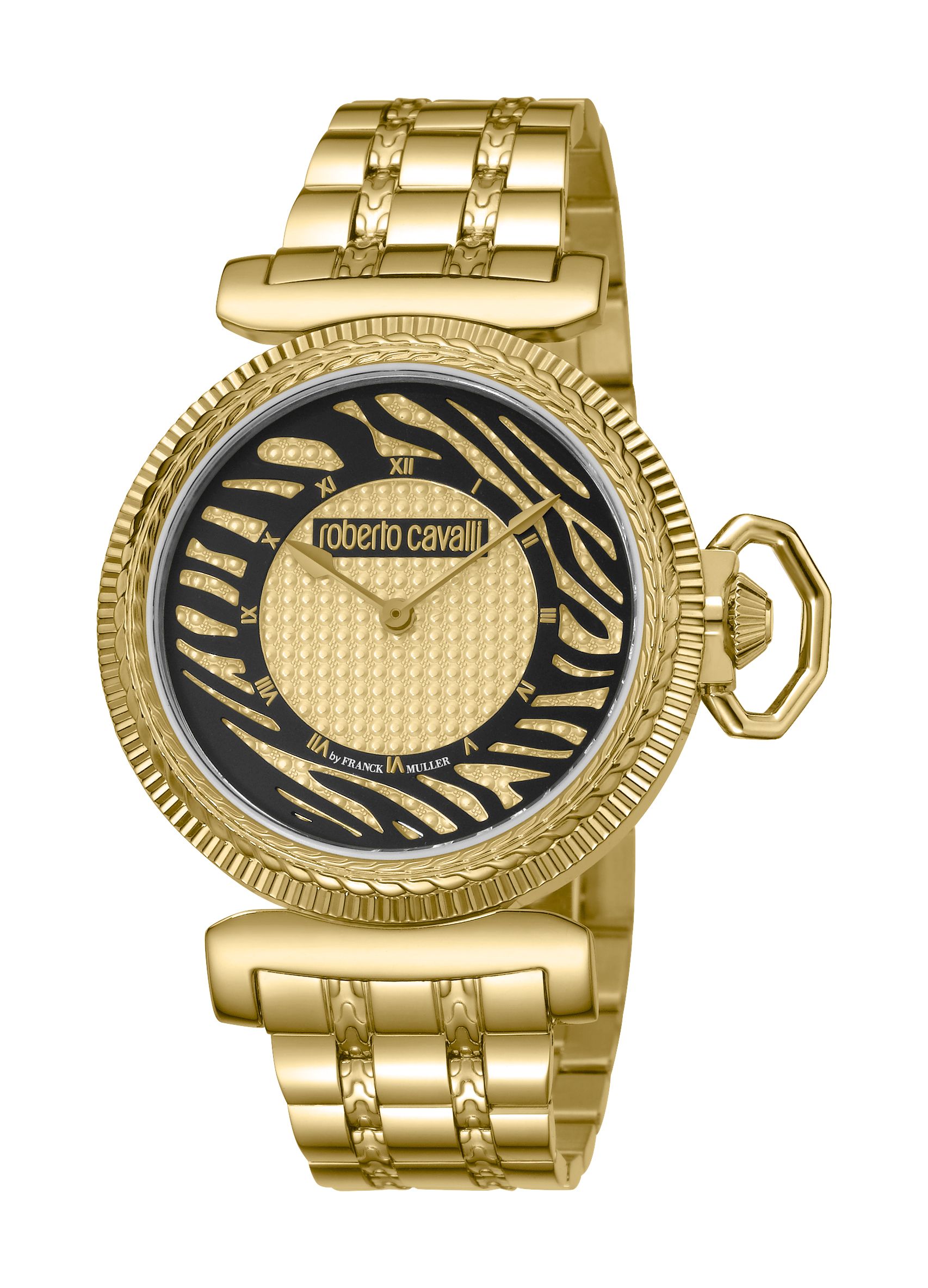 This women's watch from Cavalli features gold-tone stainless steel case with a goldtone bracelet strap. Fashion style watch made for everyday wear. Quartz movement Scratch resistant antireflective sapphire crystal Black animal pattern dial Fixed gold-tone stainless steel bezel Champagne dial with gold-tone hands Dial Type: Analog Push/pull crown Silver-tone dial with gold-tone hands Three-hand Roman numeral & index hour mar. Roberto Cavalli by Franck Muller.