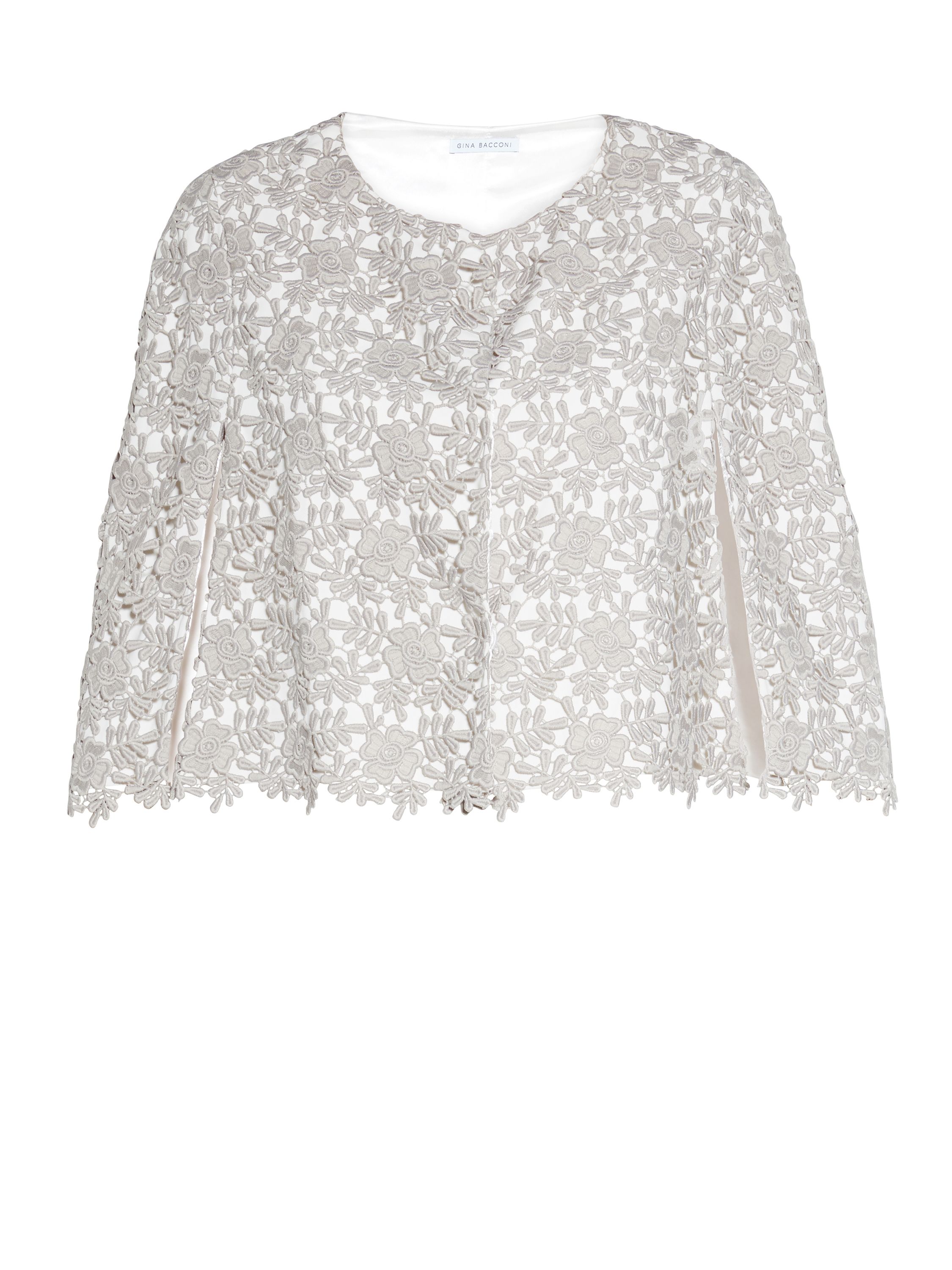 Keep those shoulders warm in style with this beautiful Gina Bacconi cape. The cape is fashioned out of beautiful floral lace guipure giving it a beautiful finish at the hem. There is a fastening at the front and the piece is fully lined with a satin finish to make the cape luxurious to wear.
