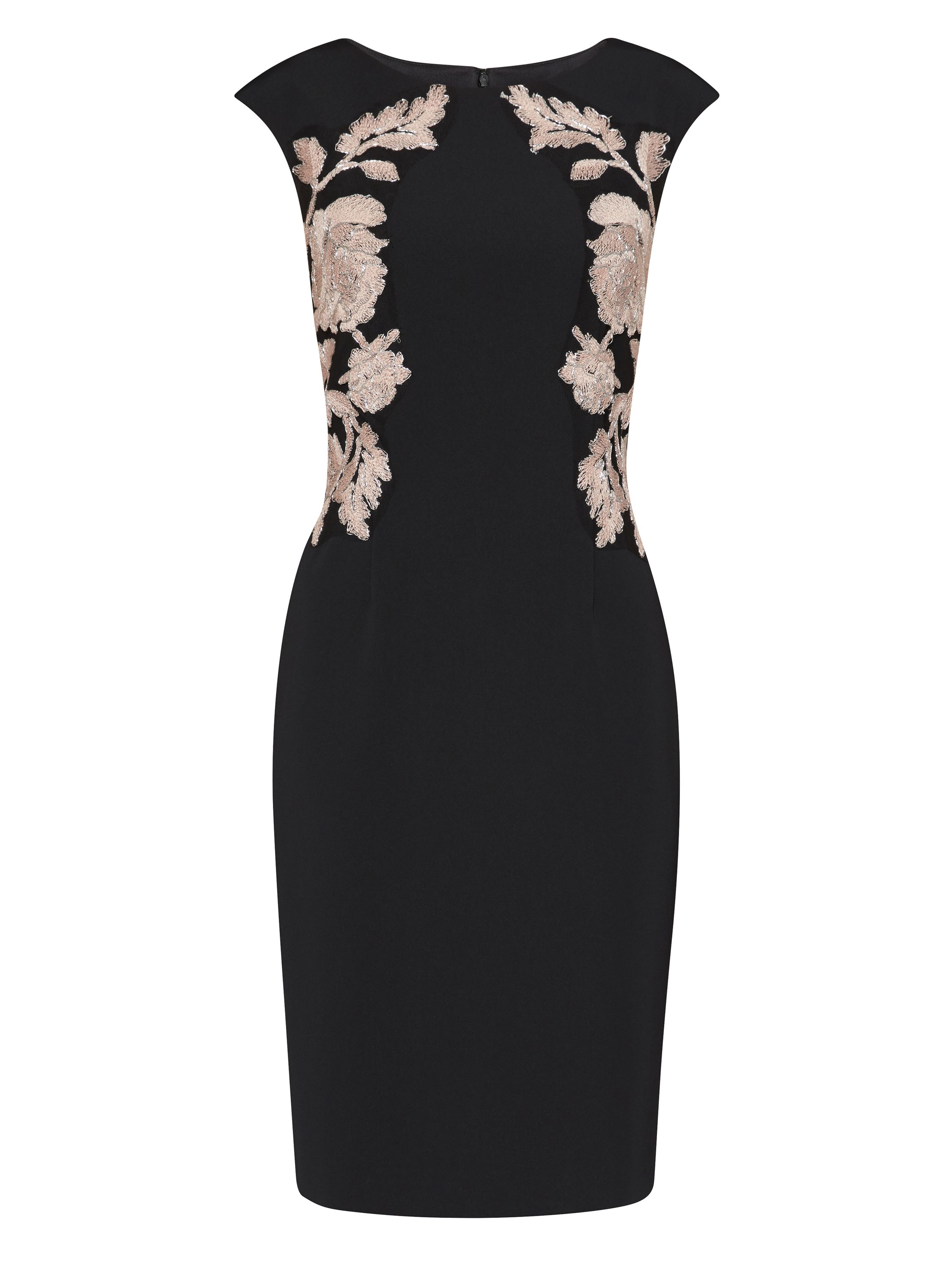 This elegant embroidered dress by Gina Bacconi will make you feel fabulous. Both sides of the dress have been embroidered with a beautiful symmetrical floral design. The dress is fully lined and fastens with a concealed back zip. It has back split for added class.