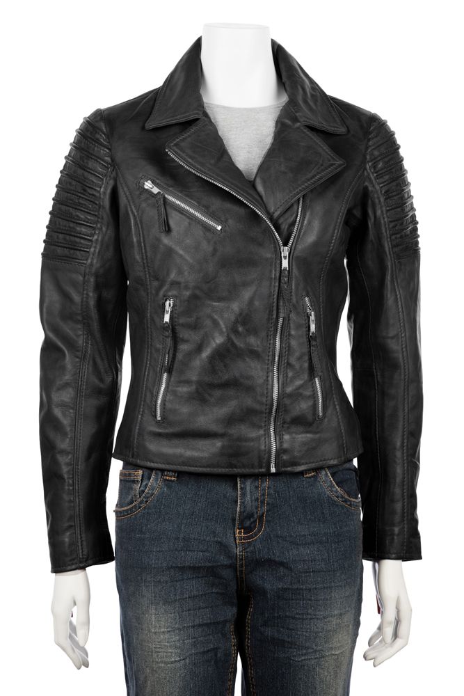 Ladies high fashion biker jacket, 100 %  leather with hand painted finish, 3 fronted zip pockets with leather pulleys, open collars at the top of the jacket, the top of each sleeve has racing style indented details, each sleeve is finished with a zip at the cuff with leather pulleys, lining is 100 % polyester, internally the jacket features one open pocket, the jacket is fitted and designed to sit at waist level.