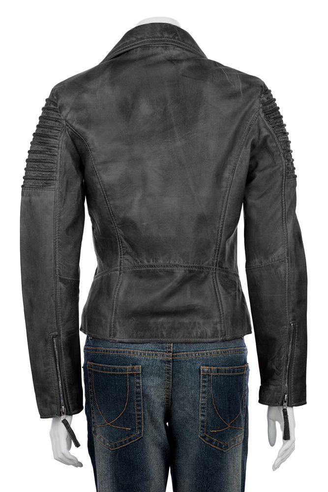 Ladies high fashion biker jacket, 100 %  leather with hand painted finish, 3 fronted zip pockets with leather pulleys, open collars at the top of the jacket, the top of each sleeve has racing style indented details, each sleeve is finished with a zip at the cuff with leather pulleys, lining is 100 % polyester, internally the jacket features one open pocket, the jacket is fitted and designed to sit at waist level.
