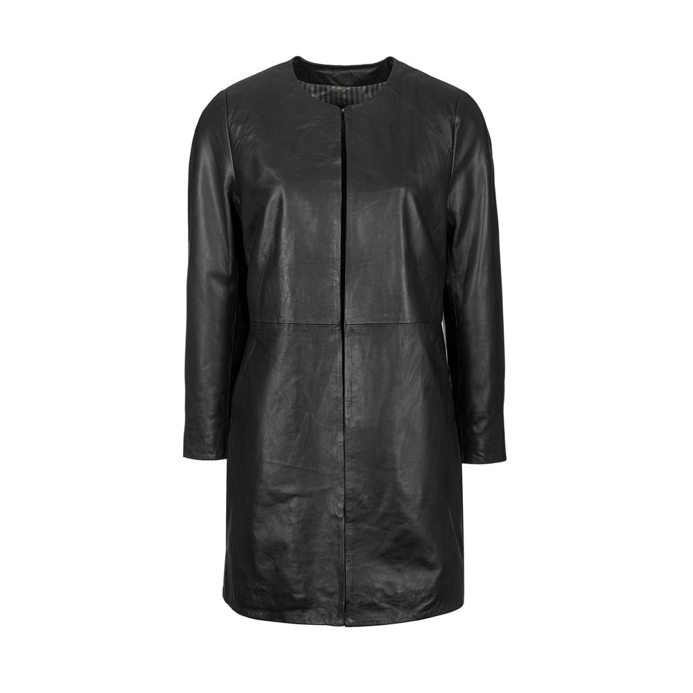 Ladies Black Collarless 3/4 Edge To Edge Coat