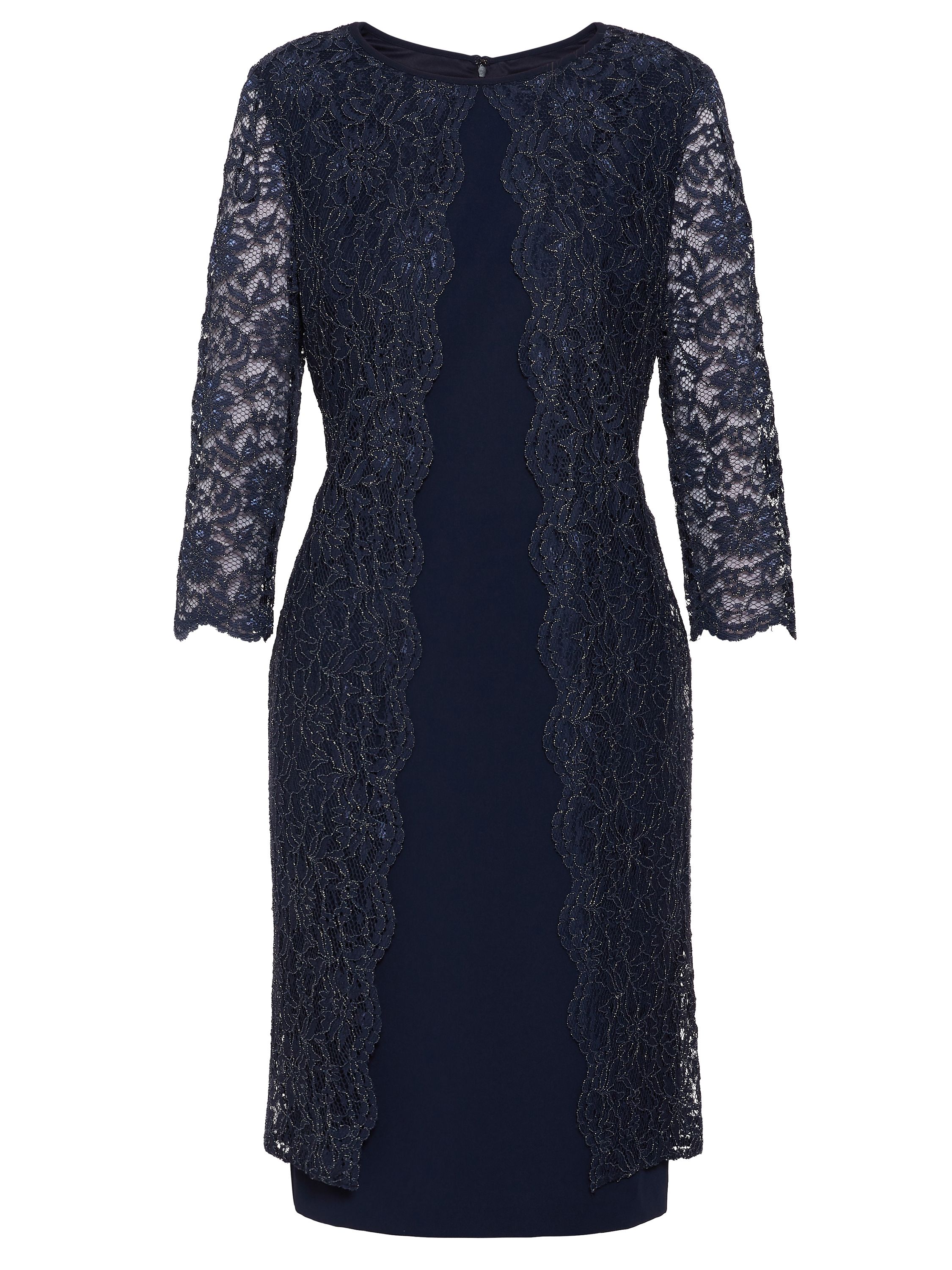 Gina Bacconi presents its stunning crepe and lace dress. This perfect occasionwear piece is comprised of a classic shift dress overlaid with a luxurious stretch lace. The lace features a scallop lace which adorns the front of the dress and the sleeve edge.The dress is fully lined and fastens using a concealed back zip.