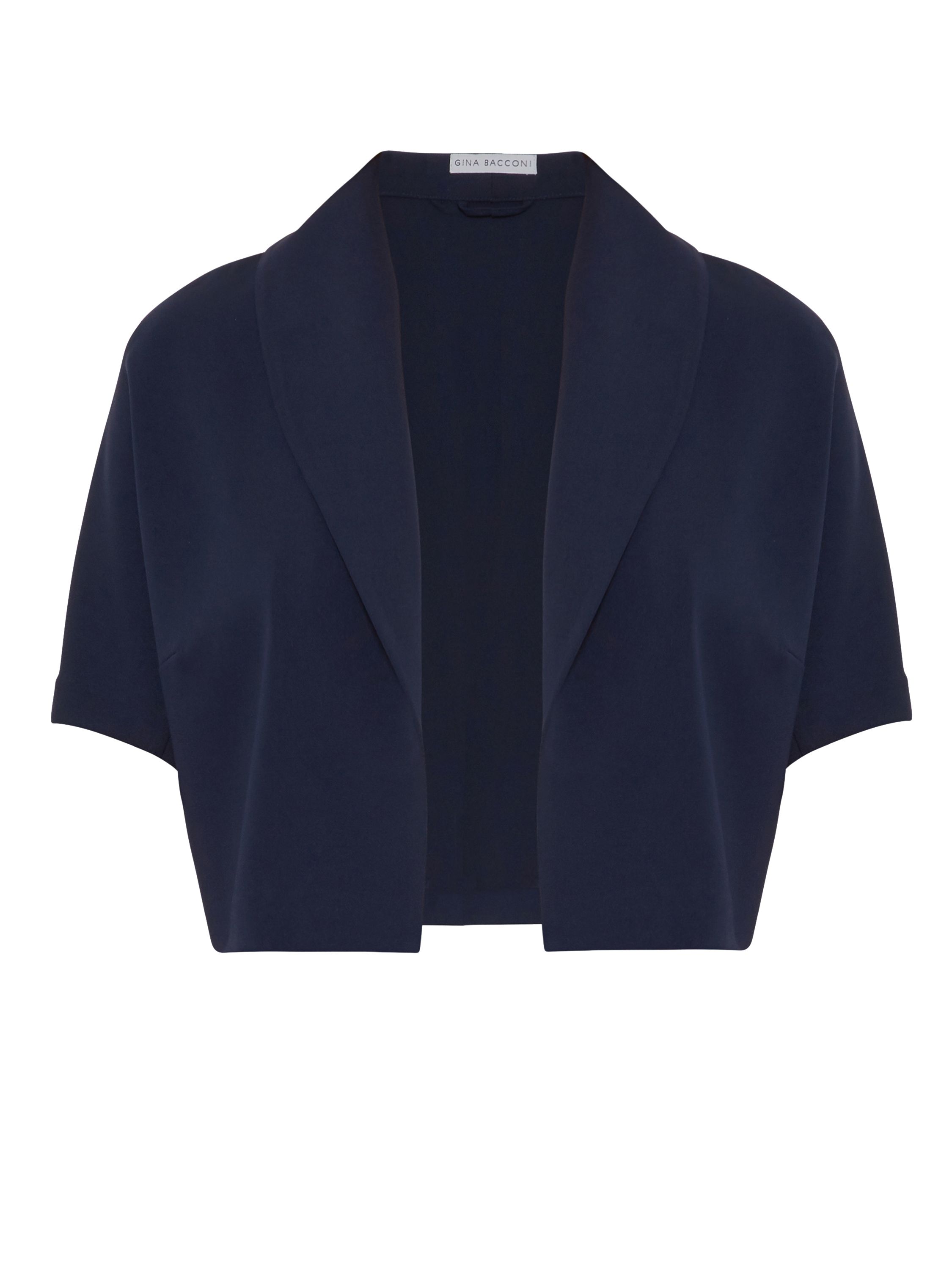 This fitted Gina Bacconi bolero is perfect over any outfit. The jacket is made up of a luxurious stretch moss crepe in a tailored style and features short sleeves and an elegant shawl collar to finish this piece off. This bolero comes in multiple colours.