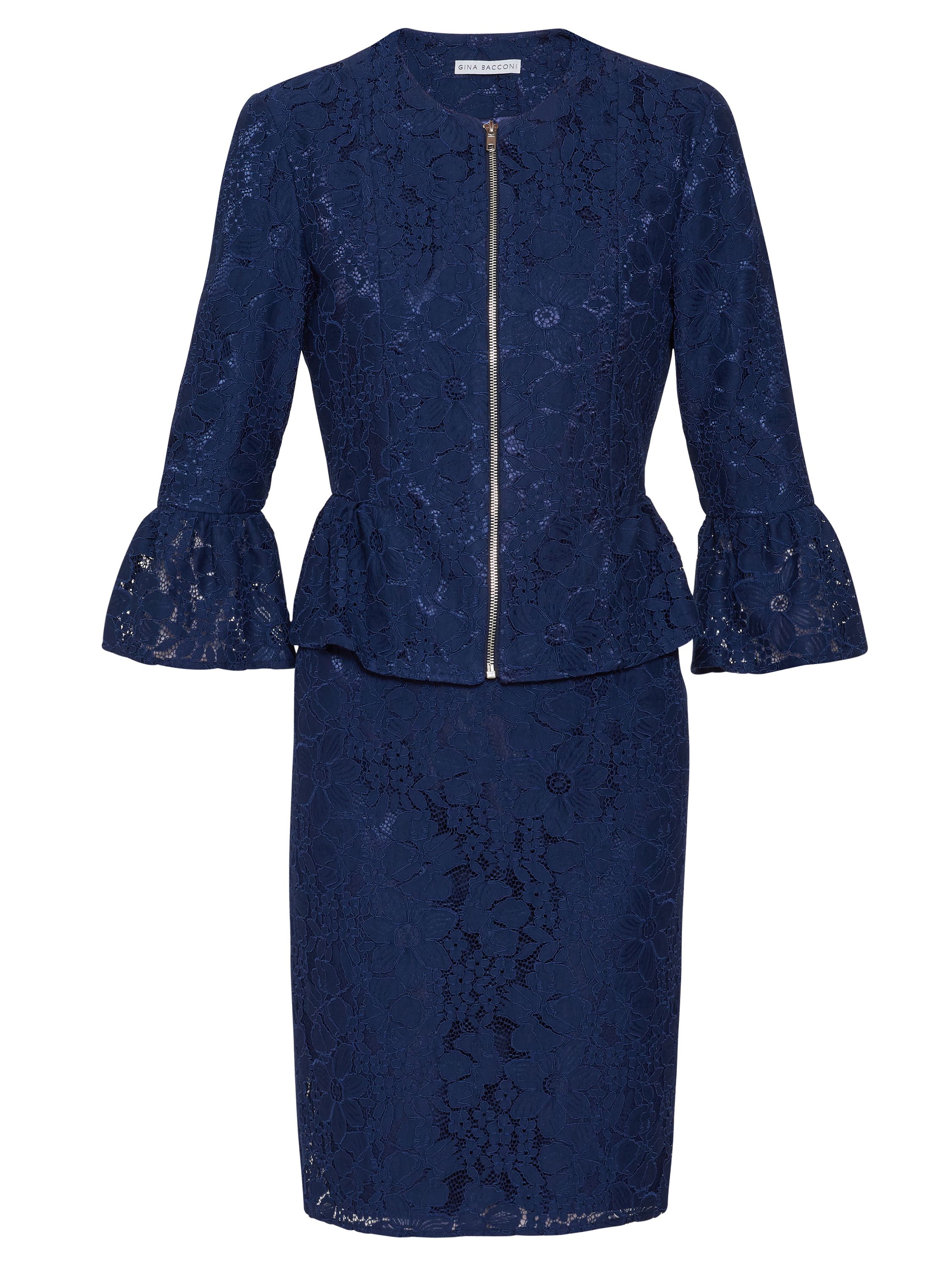 Gina Bacconi presents its smart lace dress and jacket combination. Both pieces in the set are fashioned from a gorgeous floral corded lace. The dress is well fitted and features a scoop neckline and back, while the jacket takes a flared sleeve and peplum waist for a classy touch. The dress is fastened using an invisible back zip and the jacket features a zip at the front. For added comfort the dress is lined with a soft jersey fabric.