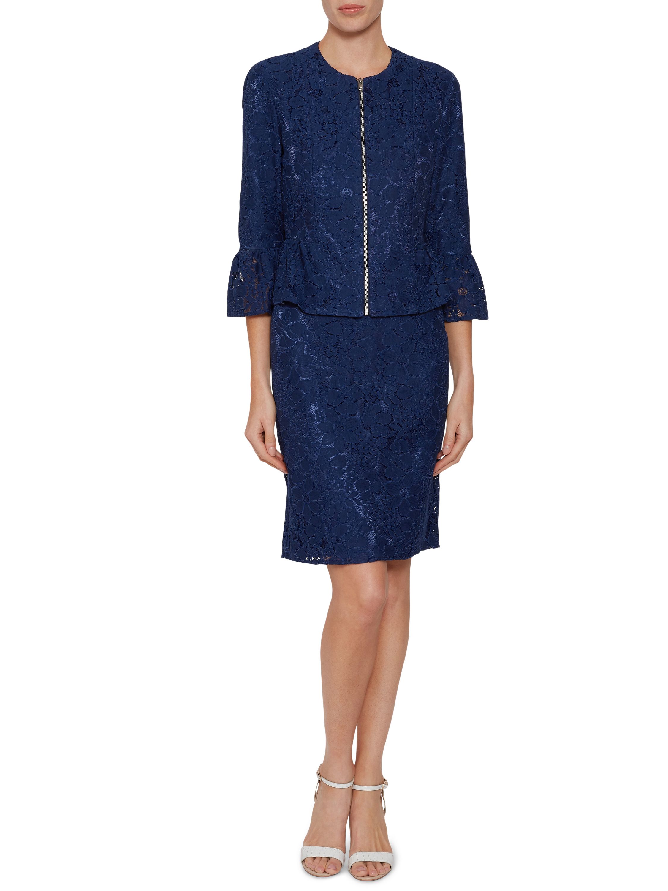 Gina Bacconi presents its smart lace dress and jacket combination. Both pieces in the set are fashioned from a gorgeous floral corded lace. The dress is well fitted and features a scoop neckline and back, while the jacket takes a flared sleeve and peplum waist for a classy touch. The dress is fastened using an invisible back zip and the jacket features a zip at the front. For added comfort the dress is lined with a soft jersey fabric.