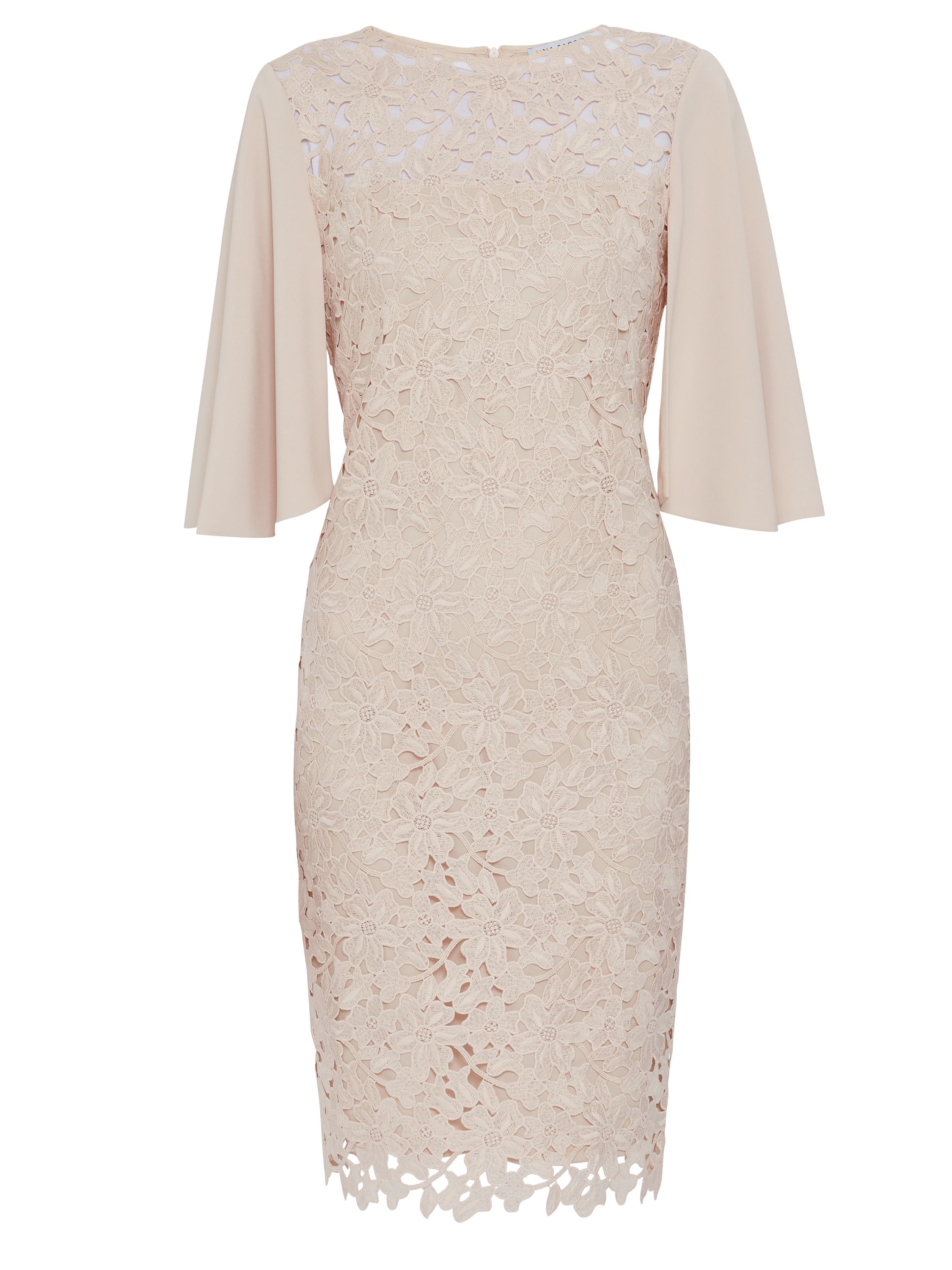 Made of luxurious guipure lace in a beautiful primrose design, this Gina Bacconi frock is simply perfect for the summer season. It is cut to flatter in a shift dress style, with an unlined sheer yoke and a round neckline.Featuring crepe cape sleeves for added class. The dress has a zip opening at the back as well as a hook and eye fastening which creates a keyhole shape feature.