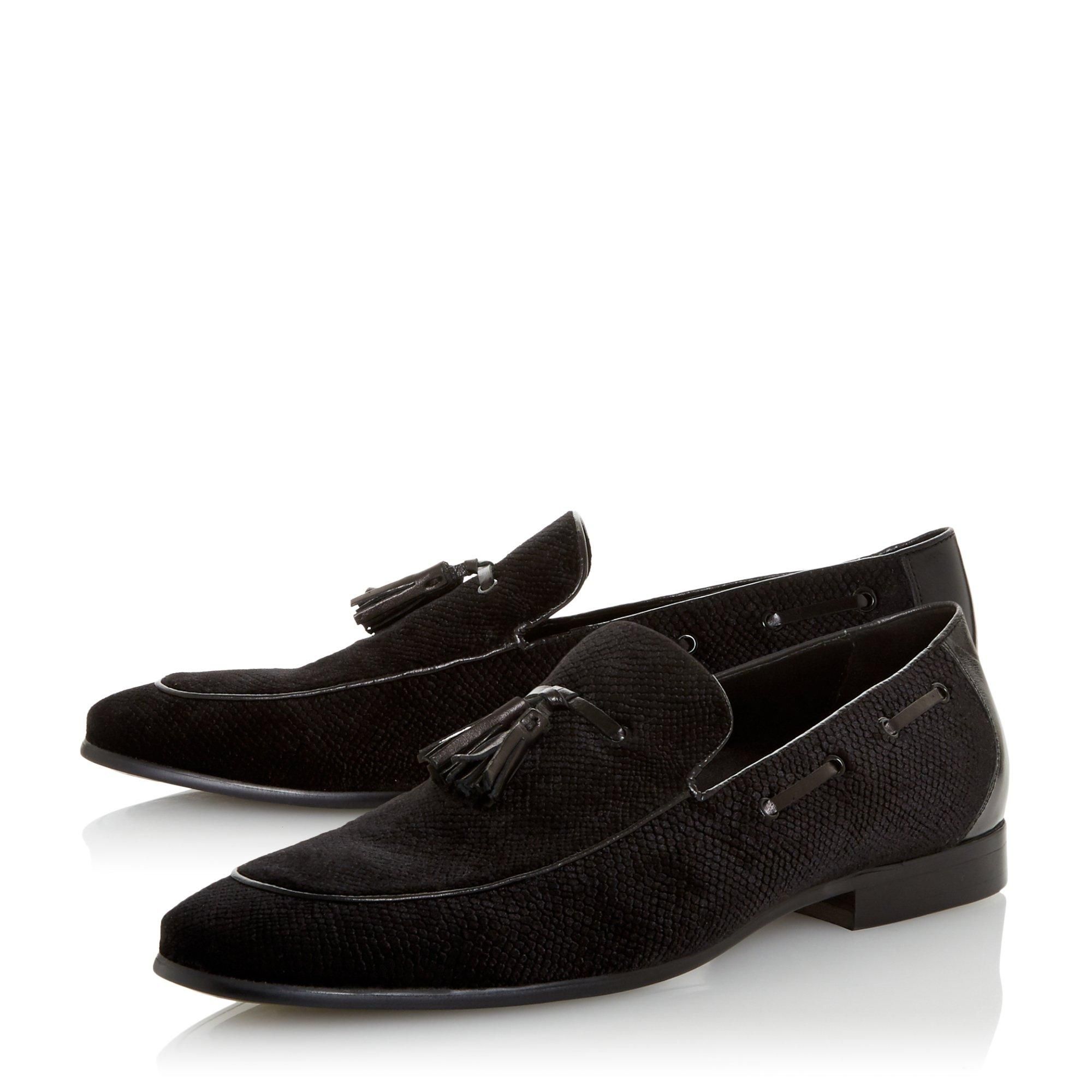 Upgrade your smart and casual ensembles with Dune's Stingray Loafer... Textured  it features a double tassel trim and classic apron stitching... A low block heel  around toe and contrast trims complete the design...