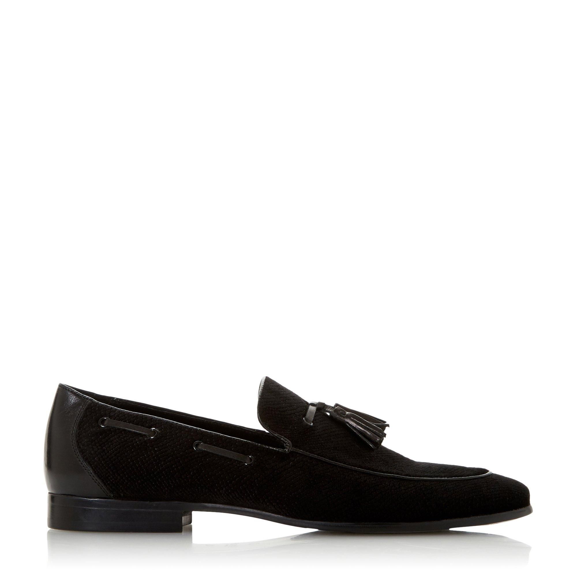 Upgrade your smart and casual ensembles with Dune's Stingray Loafer... Textured  it features a double tassel trim and classic apron stitching... A low block heel  around toe and contrast trims complete the design...