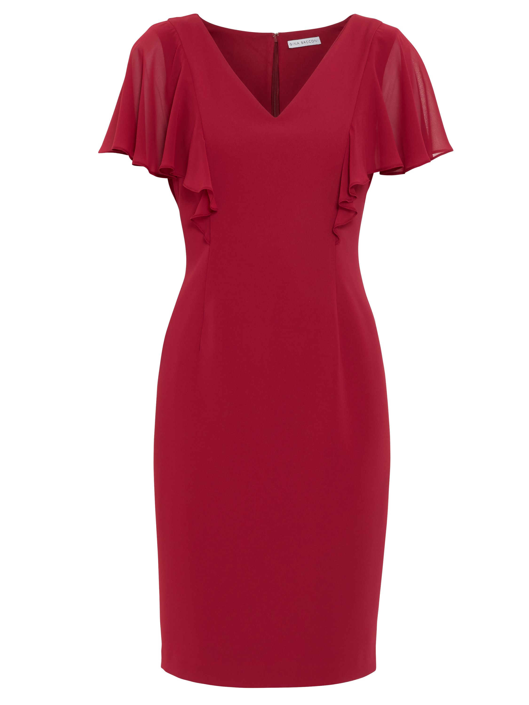 Add this frill dress by Gina Bacconi to your partywear wardrobe this season. This classic and versatile shift dress shape is fashioned from moss crepe. The dress is overlaid with elegant chiffon sleeves.The dress is lined and fastens with a zip and a button at the back of the neck.
