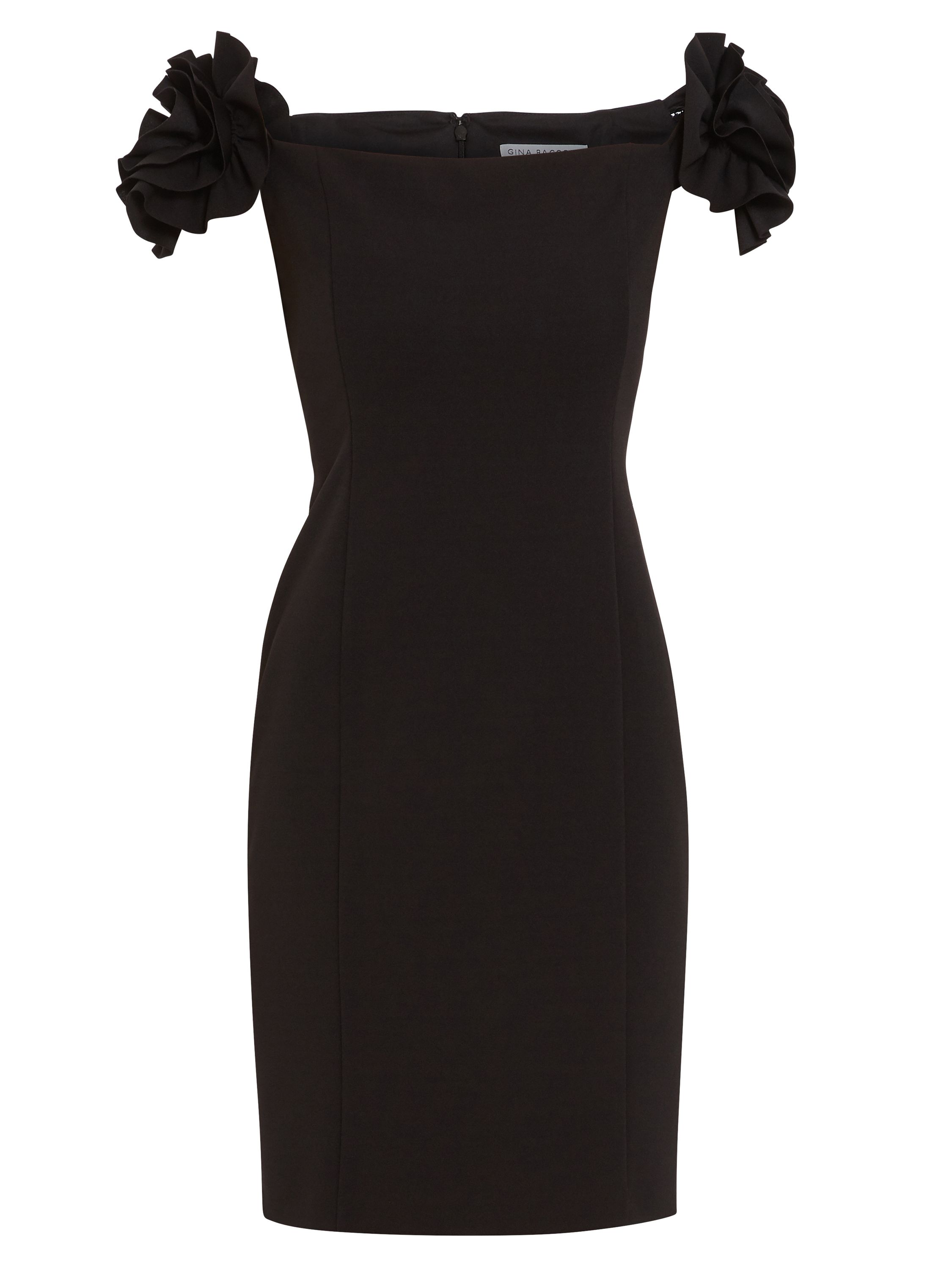This glamorous stretch crepe dress by Gina Bacconi will make you feel stunning. The off the shoulder neckline with ruffle detailing adds an elegant finish. It is fully lined and fastened with a concealed back zip. Perfect for a party or a special occasion.