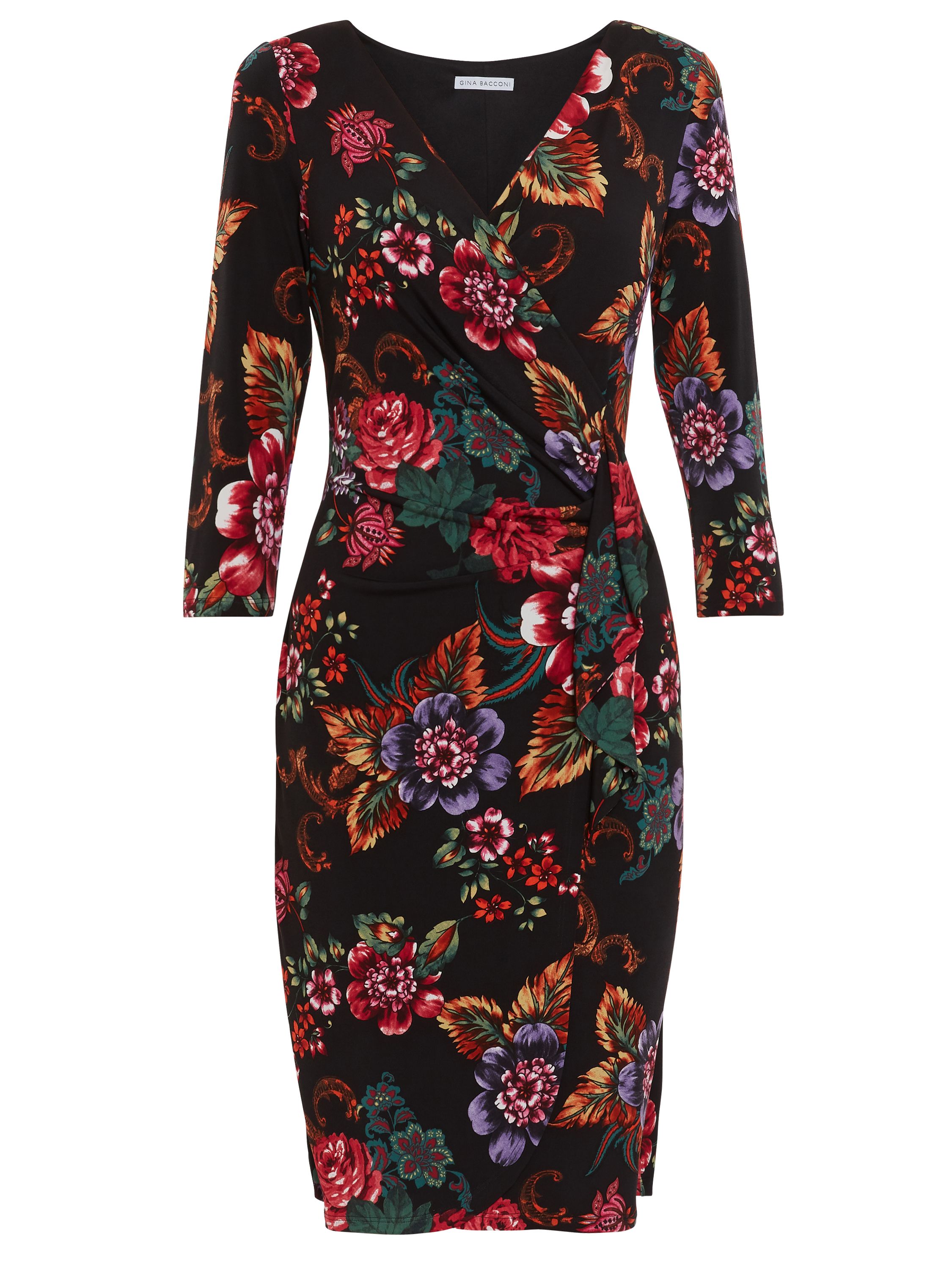 This Gina Bacconi dress will make a fabulous addition to your wardrobe. Perfect as a daywear or evening option, the dress is fashioned from a lovely floral print jersey making it effortless to wear. The dress features a wrap style bodice with an elegant ruffle feature for added class and draping to side giving you perfect silhouette. Fully lined for comfort.