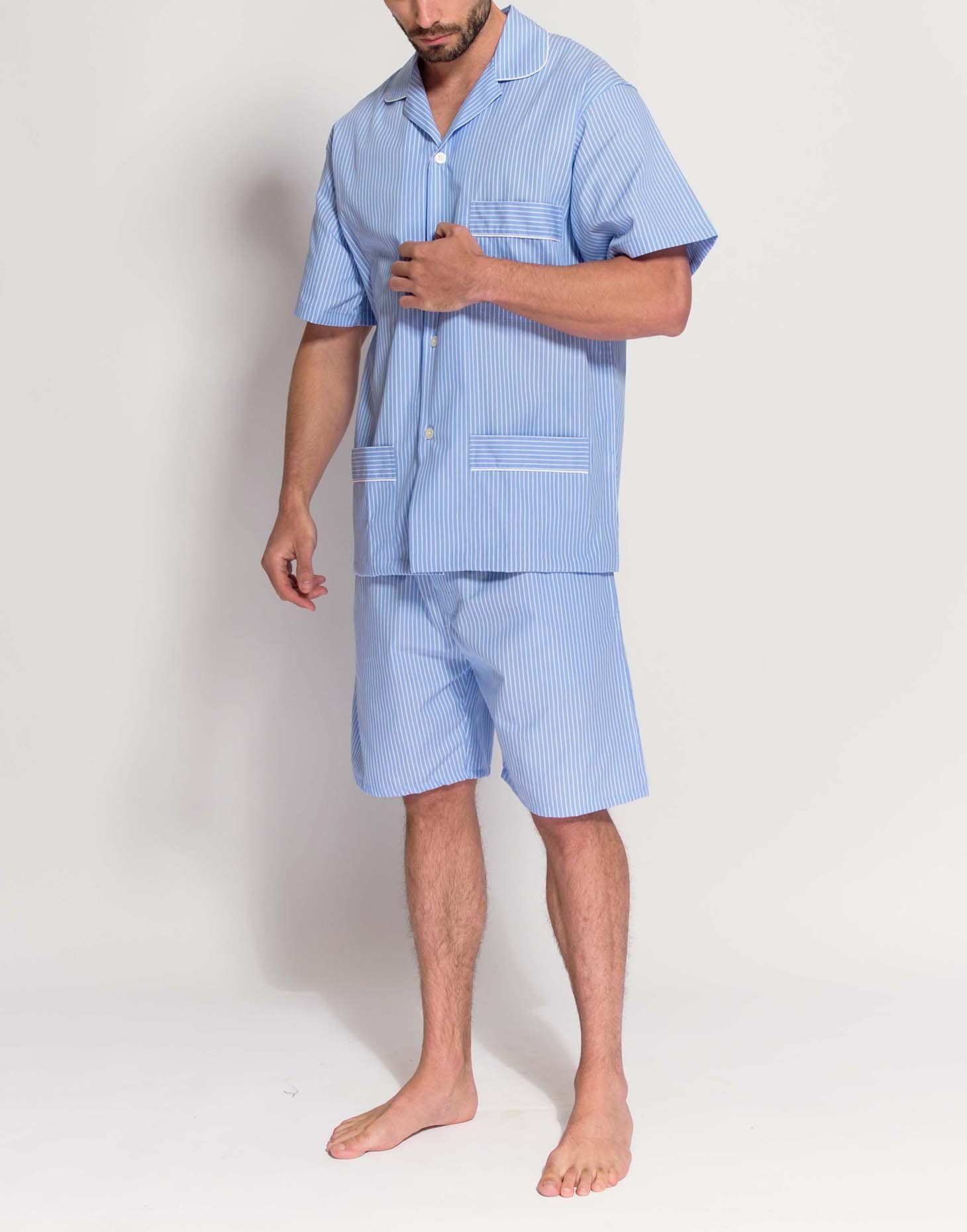British Boxers Men's Blue and White Stripe Short Pyjama Set