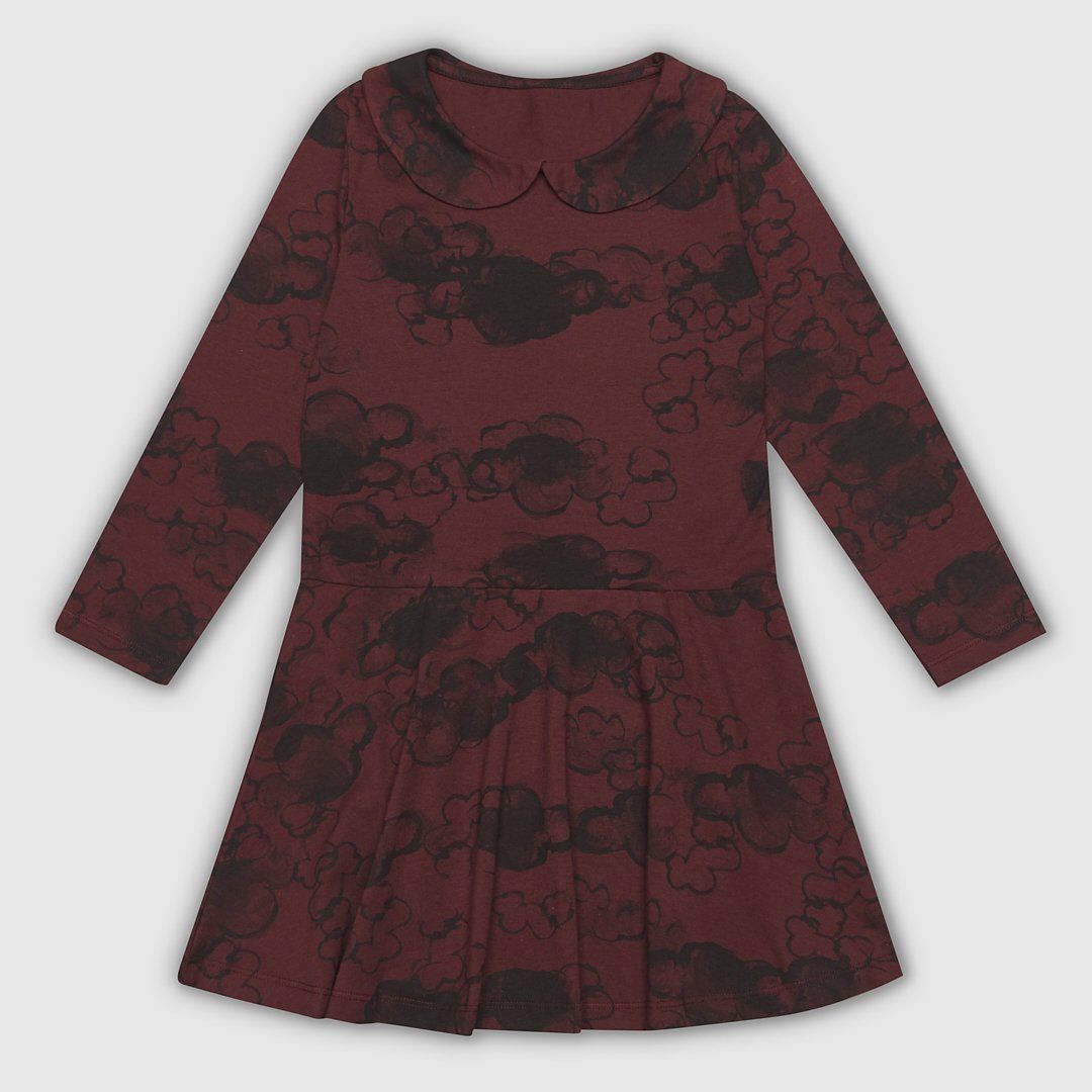 Long sleeve jersey dress in our bespoke all over painted cloud print. Features a Peter Pan Collar and press stud back opening for ease of dressing.