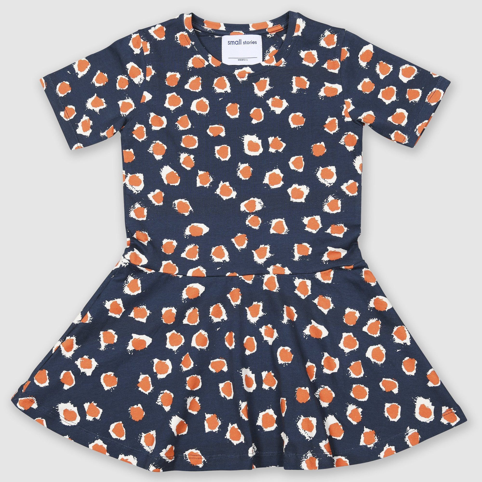Short sleeve jersey dress with drop waist in our bespoke painted dot print in blue with orange and white dots. Made from super soft stretchy cotton.