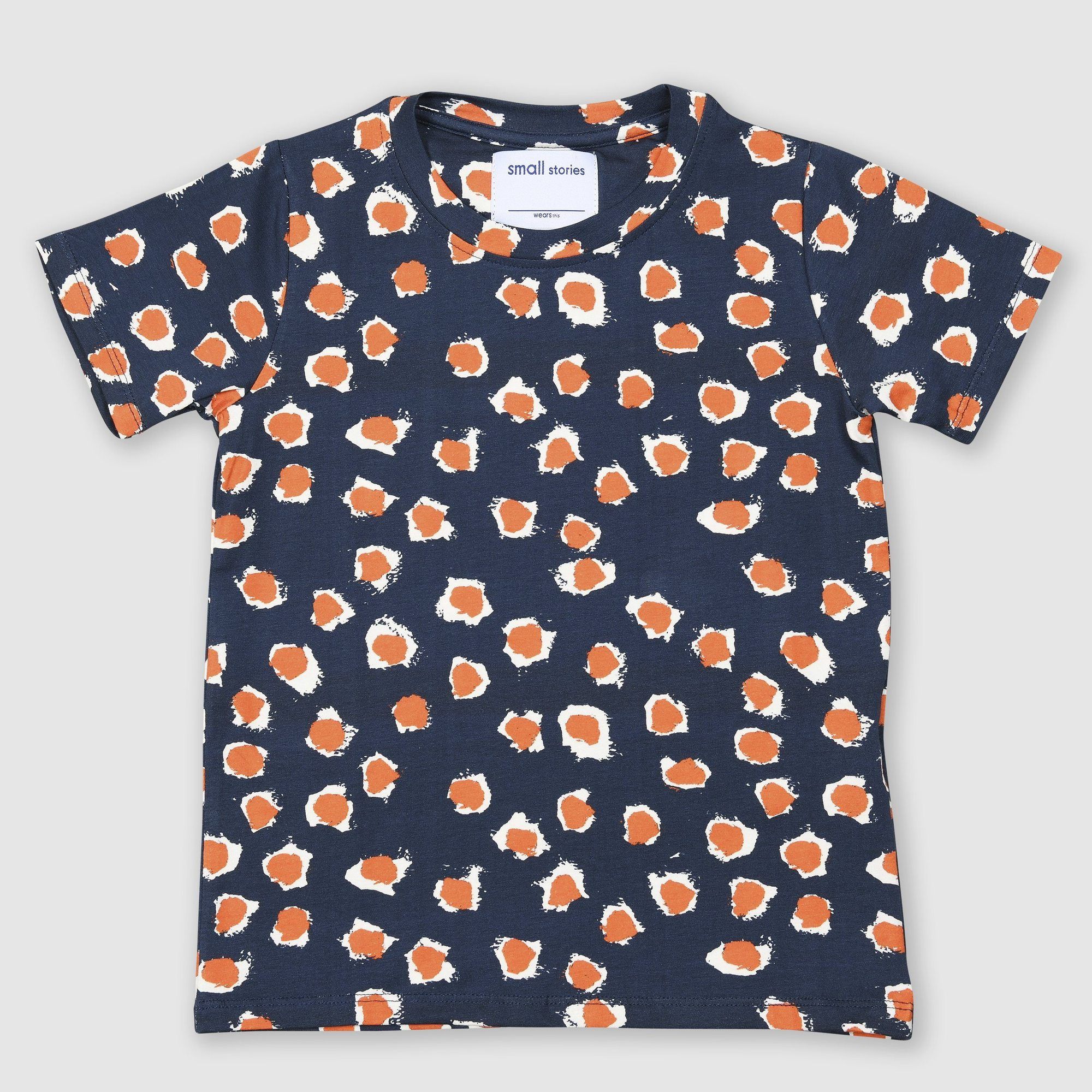 Short sleeve tee featuring our bespoke painted dot print in blue with orange and white dots. Made from super soft stretchy cotton. 