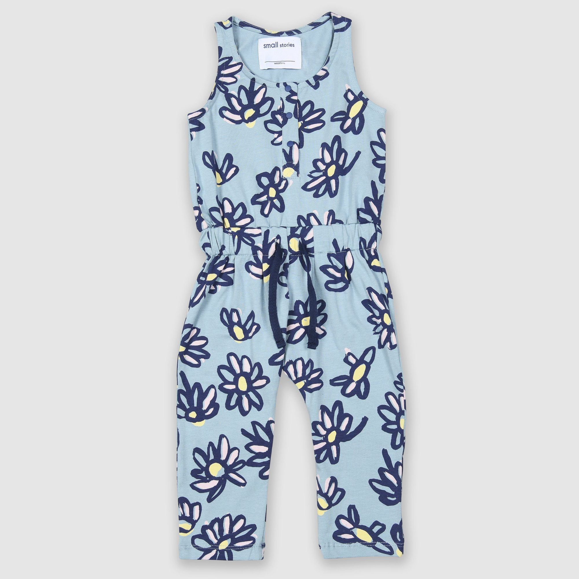 Sleeveless elasticated waisted jumpsuit in our painted floral print in pale blue with highlights of yellow and pink. Made from super soft stretchy cotton.