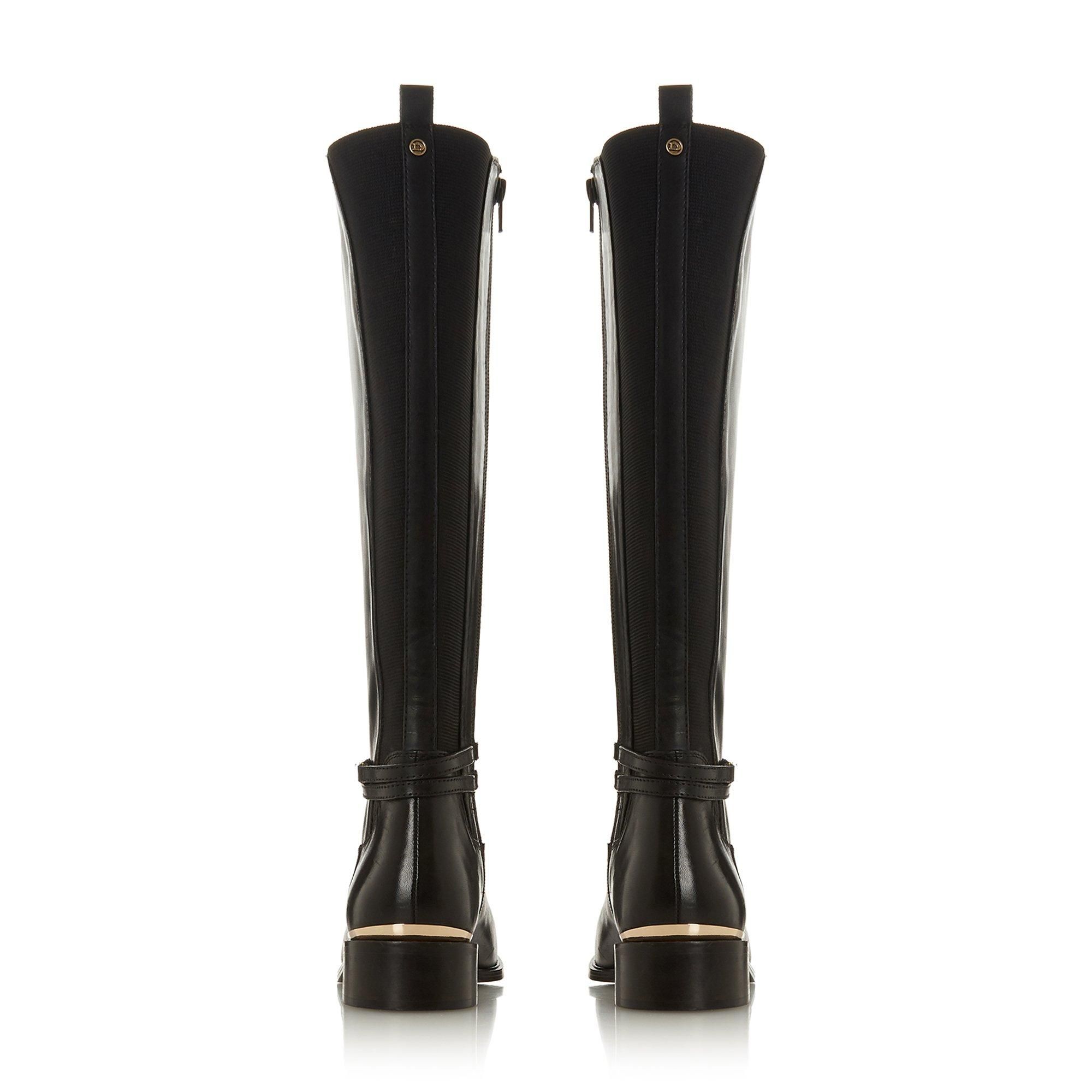 Update your look with this chic Dune London Traviss knee high boot. Featuring a stylish almond toe and metal details on the heel and ankle. A flat block heel completes this comfortable and versatile style.