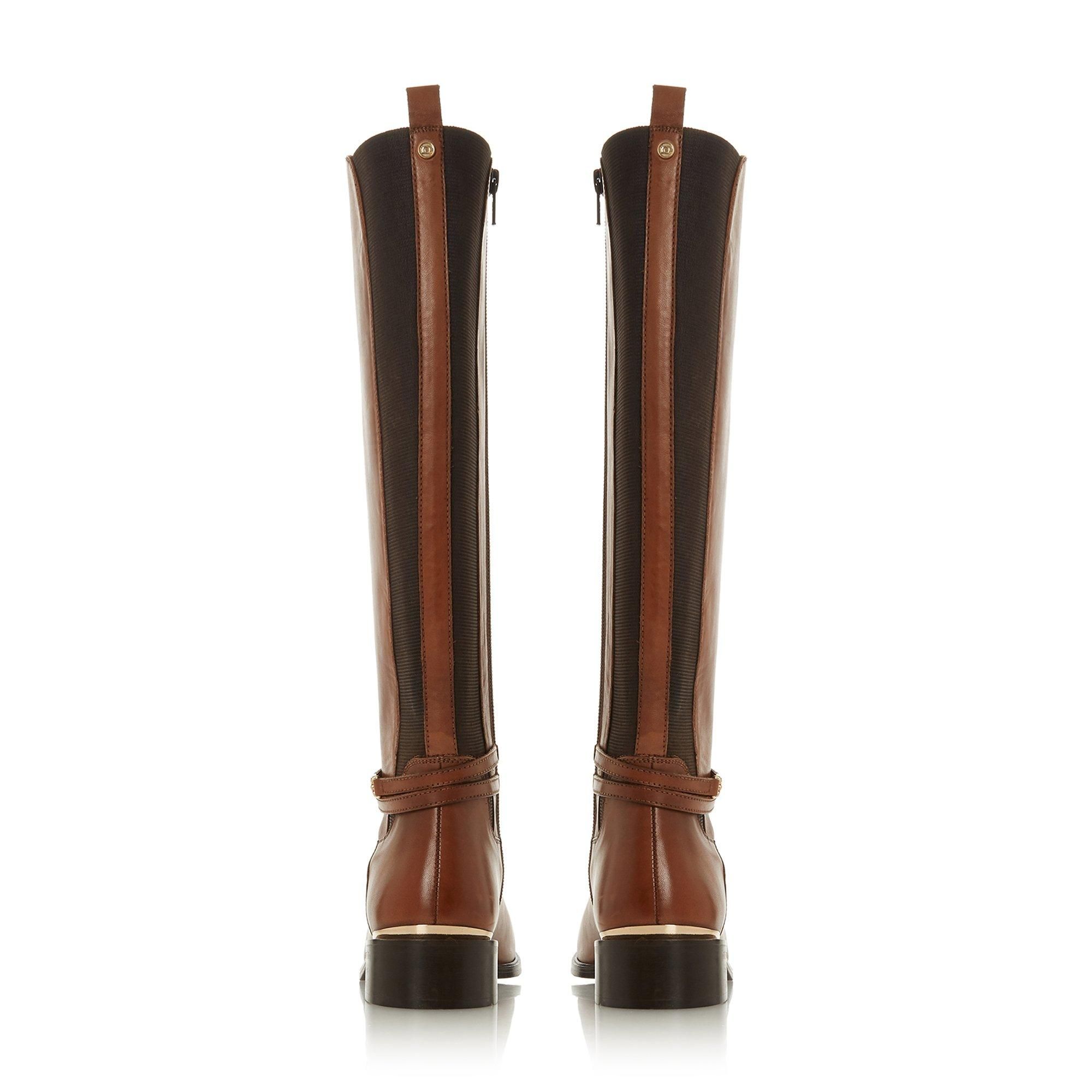 Update your look with this chic Dune London Traviss knee high boot. Featuring a stylish almond toe and metal details on the heel and ankle. A flat block heel completes this comfortable and versatile style.