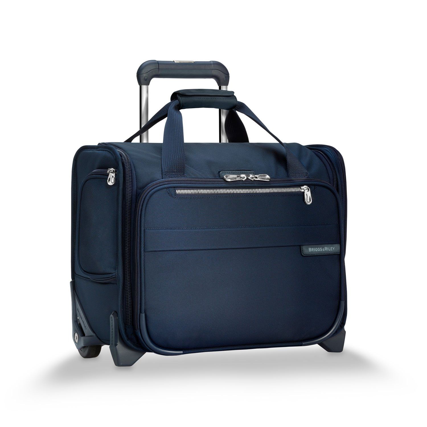The ideal luggage to carry on board, this wheeled cabin bag keeps you organised with every turn. Fits under most airline seats as well as in the overhead compartment. Key features include: Padded pocket for iPad®. Roomy, gusseted main compartment allows bag to be easily packed and organised. Three elastic mesh pockets provide additional organisation for smaller items like belts and other accessories. Interlocking handle system allows bag to stack and stay secure on top of other Briggs & Riley Baseline Uprights®. Outsider® handle provides greater interior capacity and a flat interior surface for packing so clothing arrives wrinkle-free. Side water bottle zipper pocket for easy access to beverage.