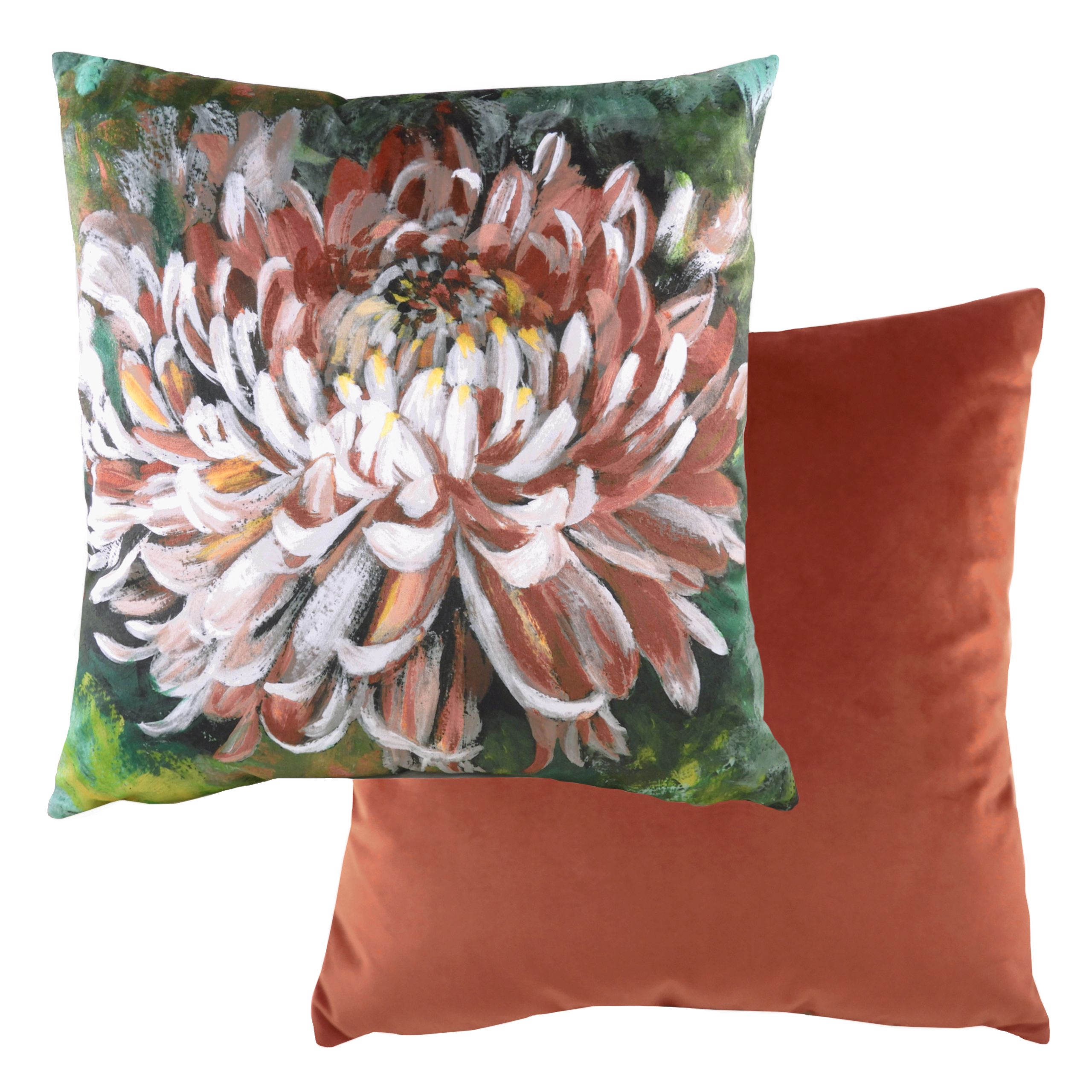 Liven up your living with this Winter Floral cushion. This Chrysanthemum is captured in full bloom in a beautiful and bold hand painted style. With matching velvet reverse this design is sure to add feeling of luxe to your interior, pair with bold and rich colours to achieve full impact in your interior.