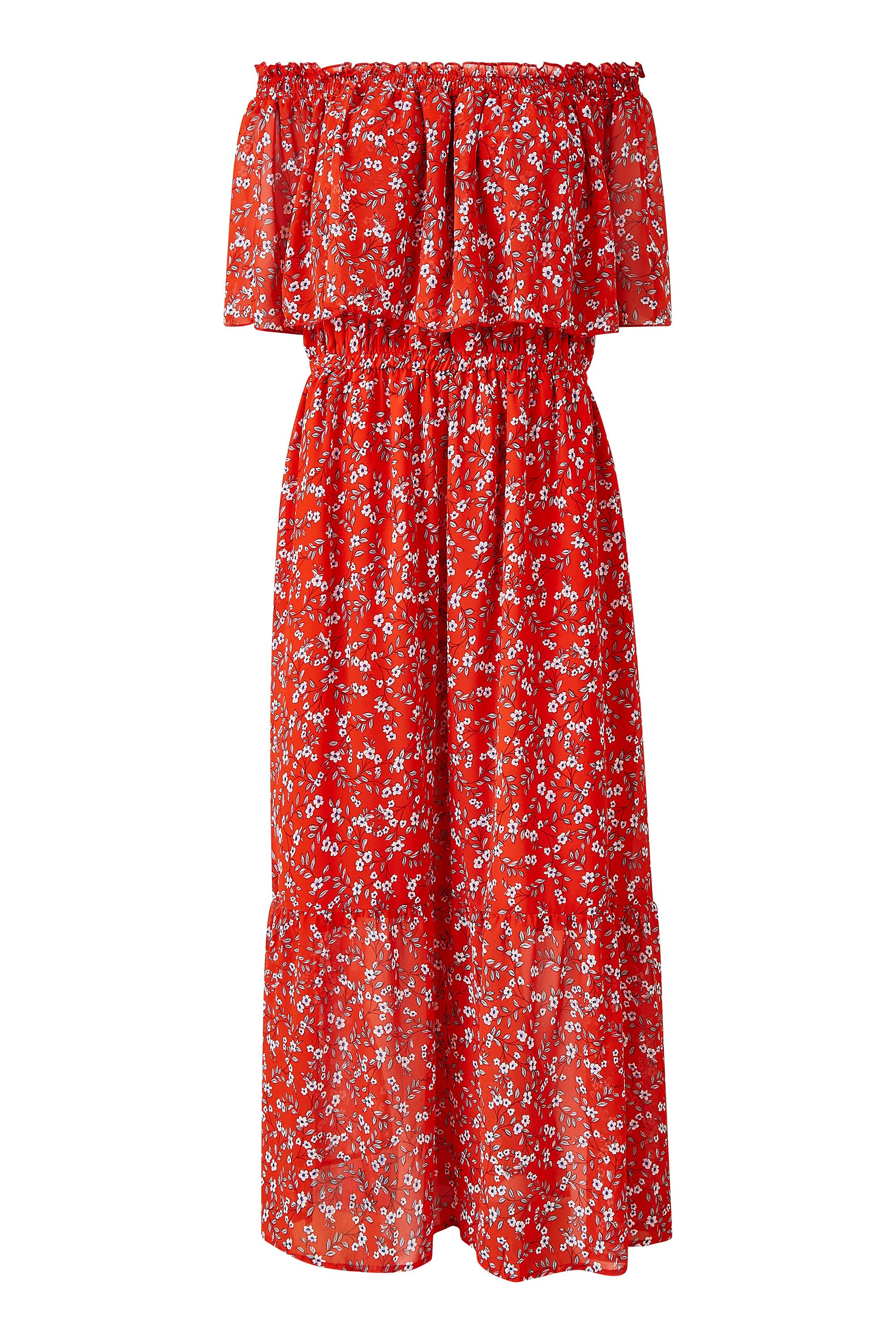 Lend a summery touch to your wardrobe with this Ditsy Floral Bardot Maxi Dress. Cut from the softest of fabrics, it's designed with a light lining, an elasticated and non-slip bardot neckline, decorated with a frill overlay. The peplum hemline adds a retro edge to your wardrobe, brought together by the ditsy florals and bright palette.