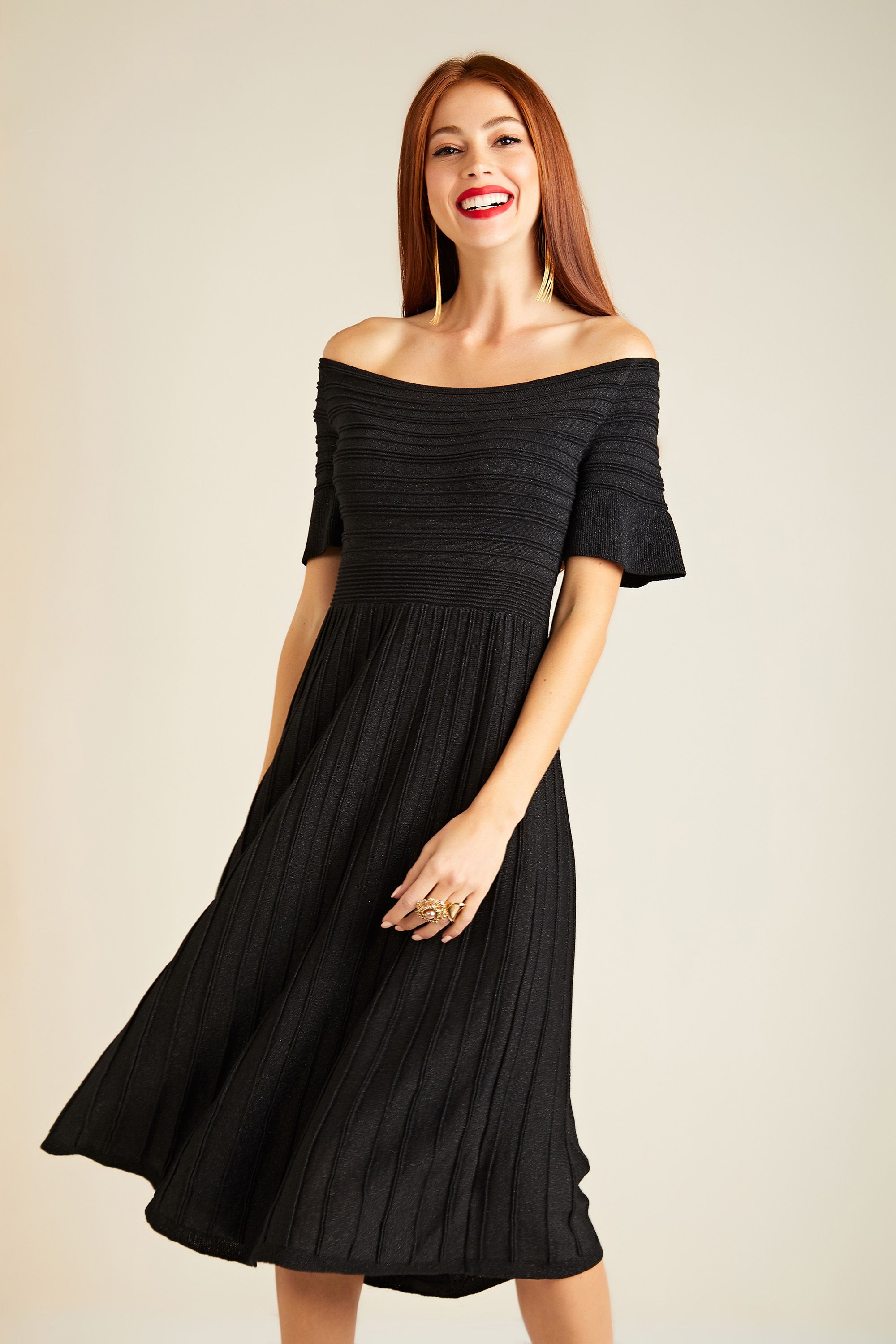 Bardot Knit Dress With Pleated Skirt