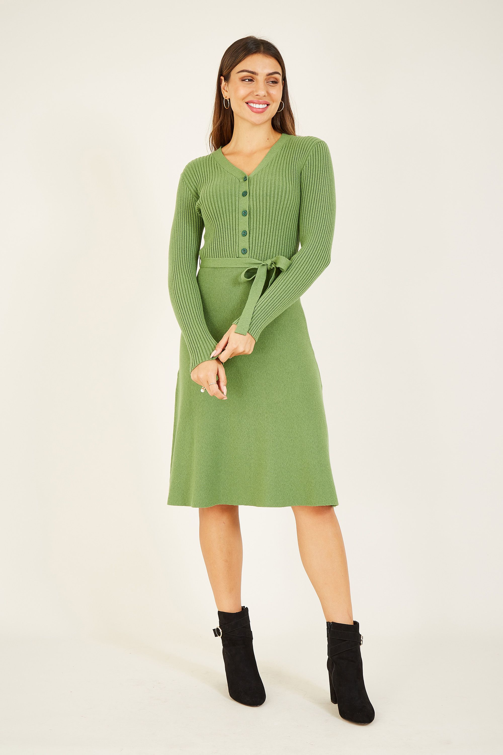 Yumi Green Knitted Skater Dress With Button