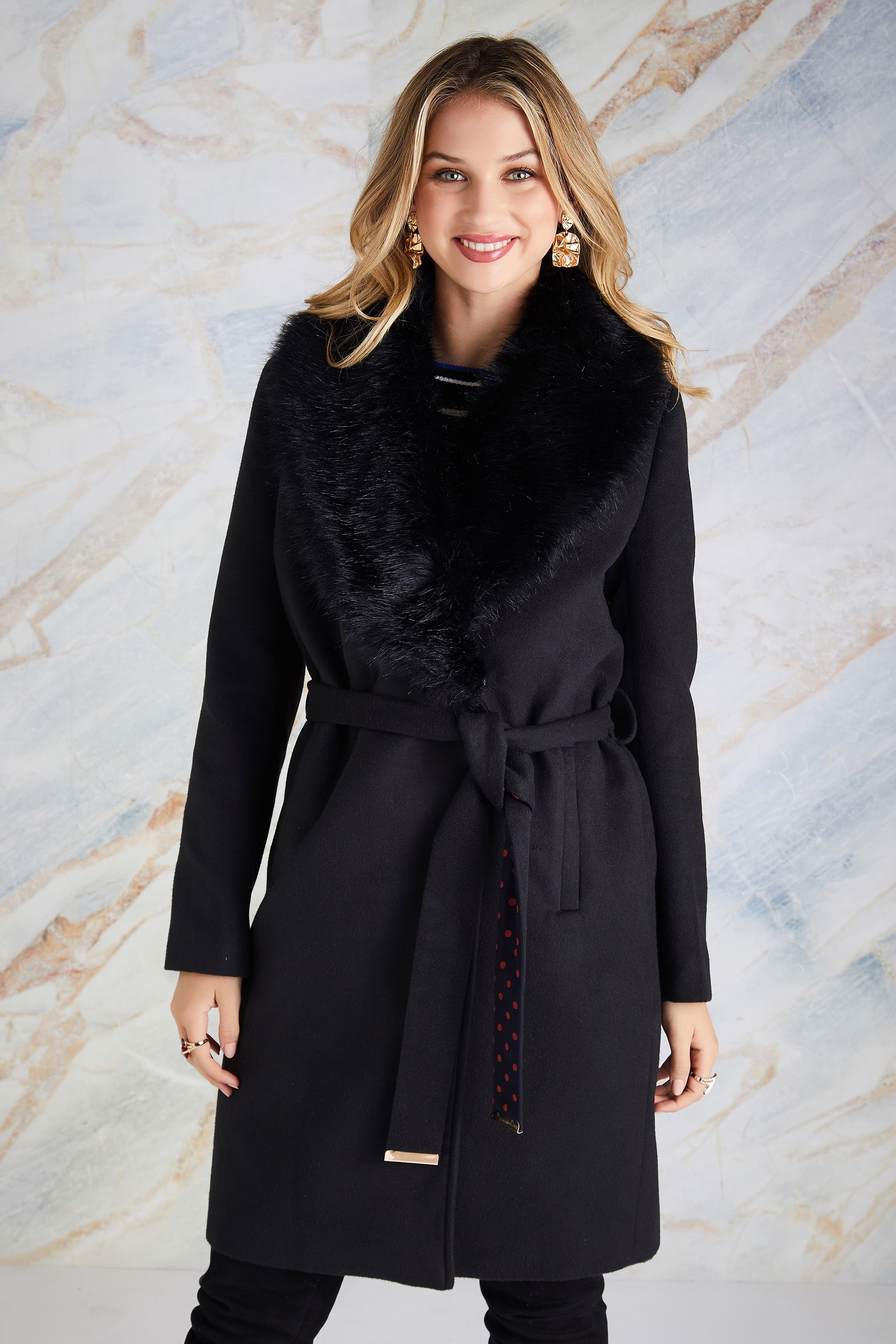 Fur Wrap Coat With Contrast Spot Lining