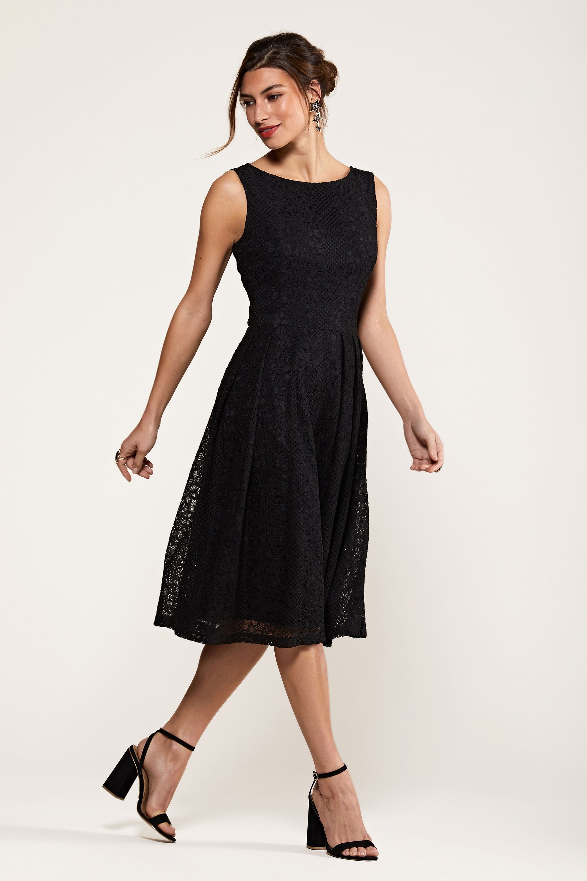 Black Fit And Flare Pleated Lace Dress 