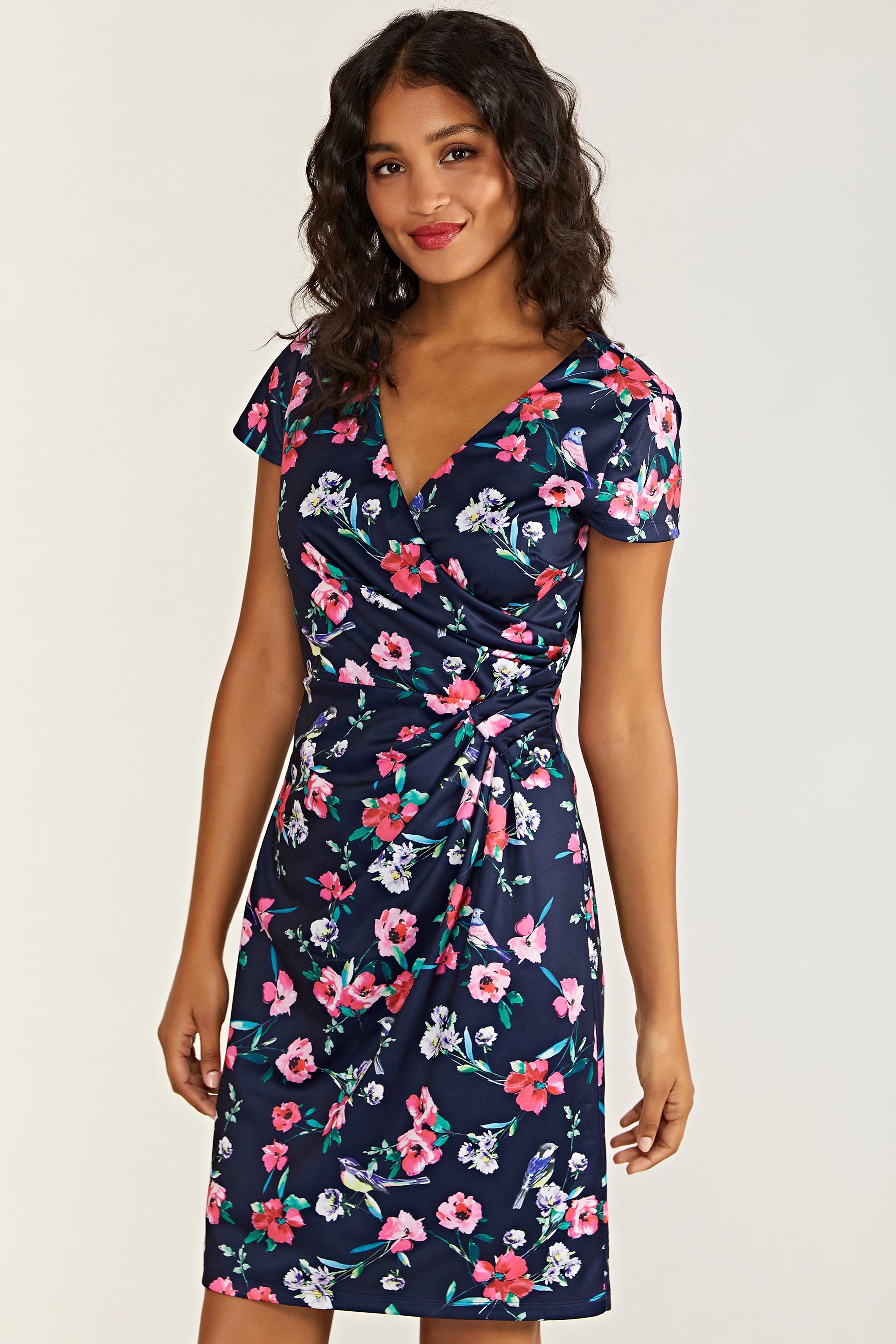 Bird And Floral Wrap Ruched Dress