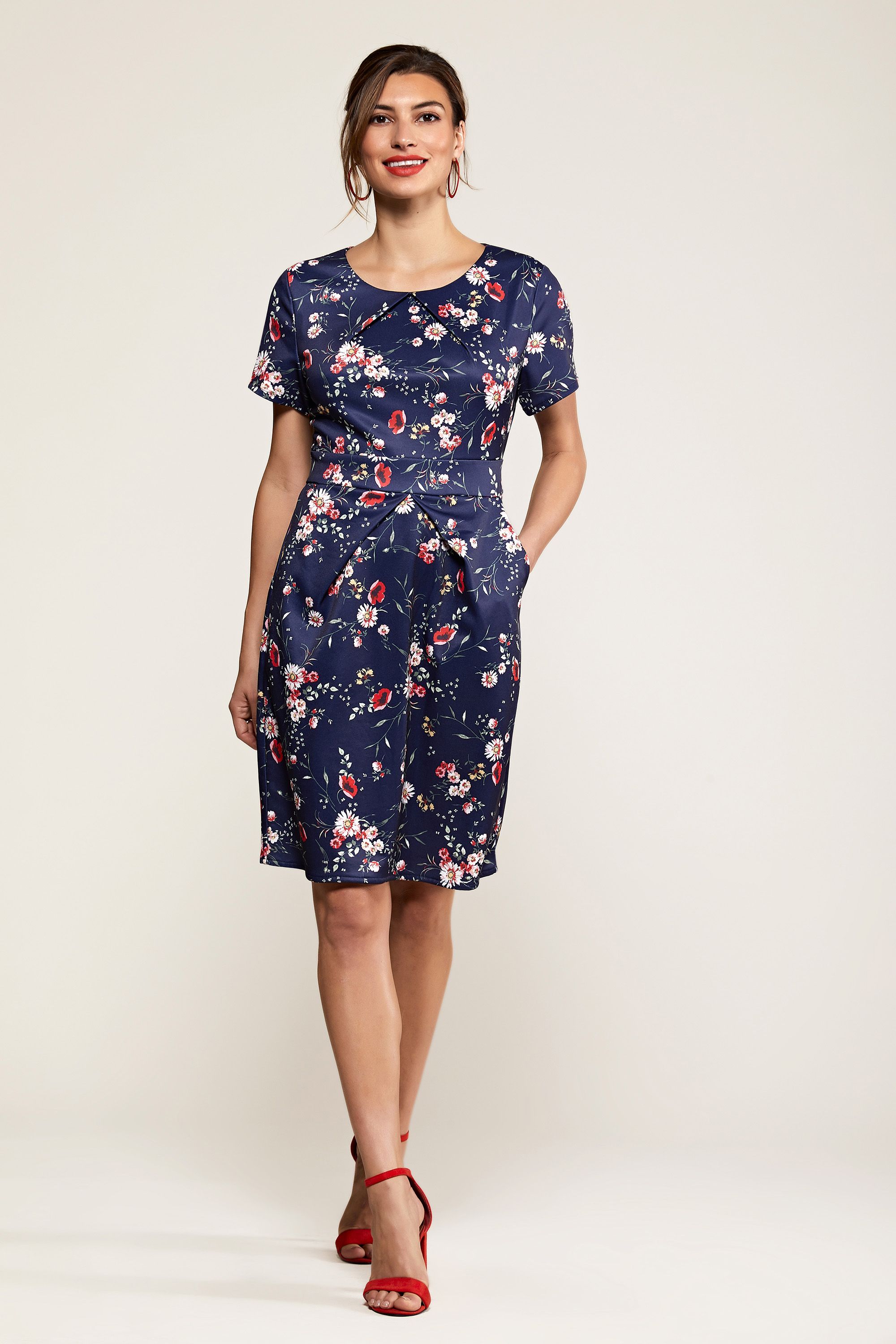 Navy Daisy Print Pocket Dress With Tie Back