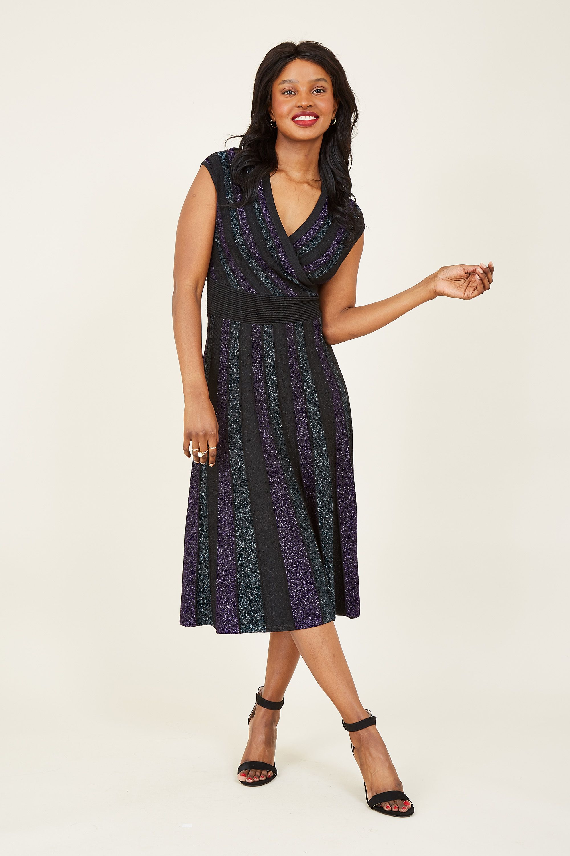 Yumi Lurex Knit Wrap Over Pleated Dress